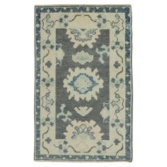 Alfombra Turca Oushak Carbón, Crema y Azul Alfombra de Lana Tejida a Mano 1'11" x 3'2"