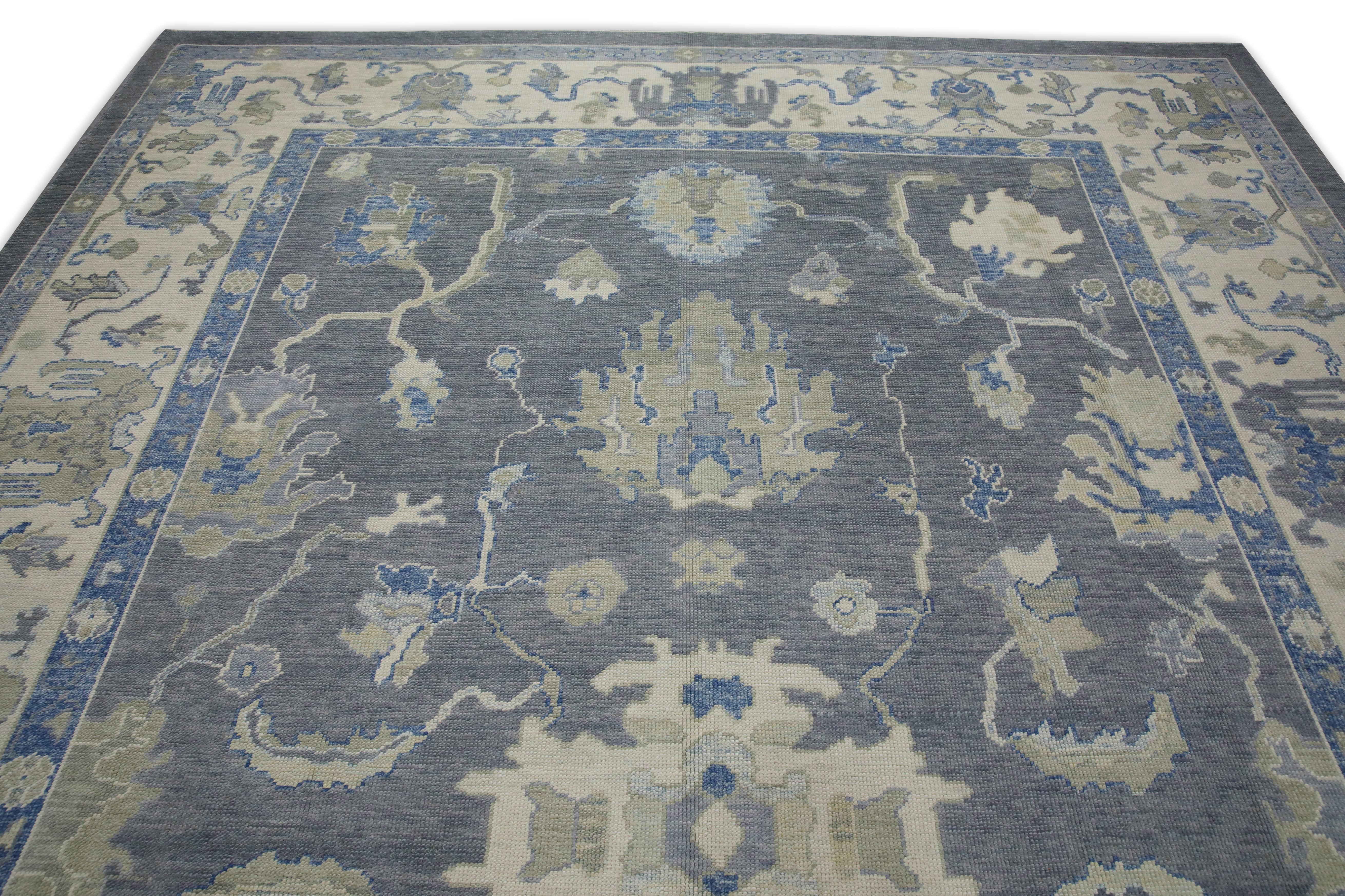 Tapis turc Oushak Gris anthracite et bleu doux Tapis en laine tissé à la main 9'9