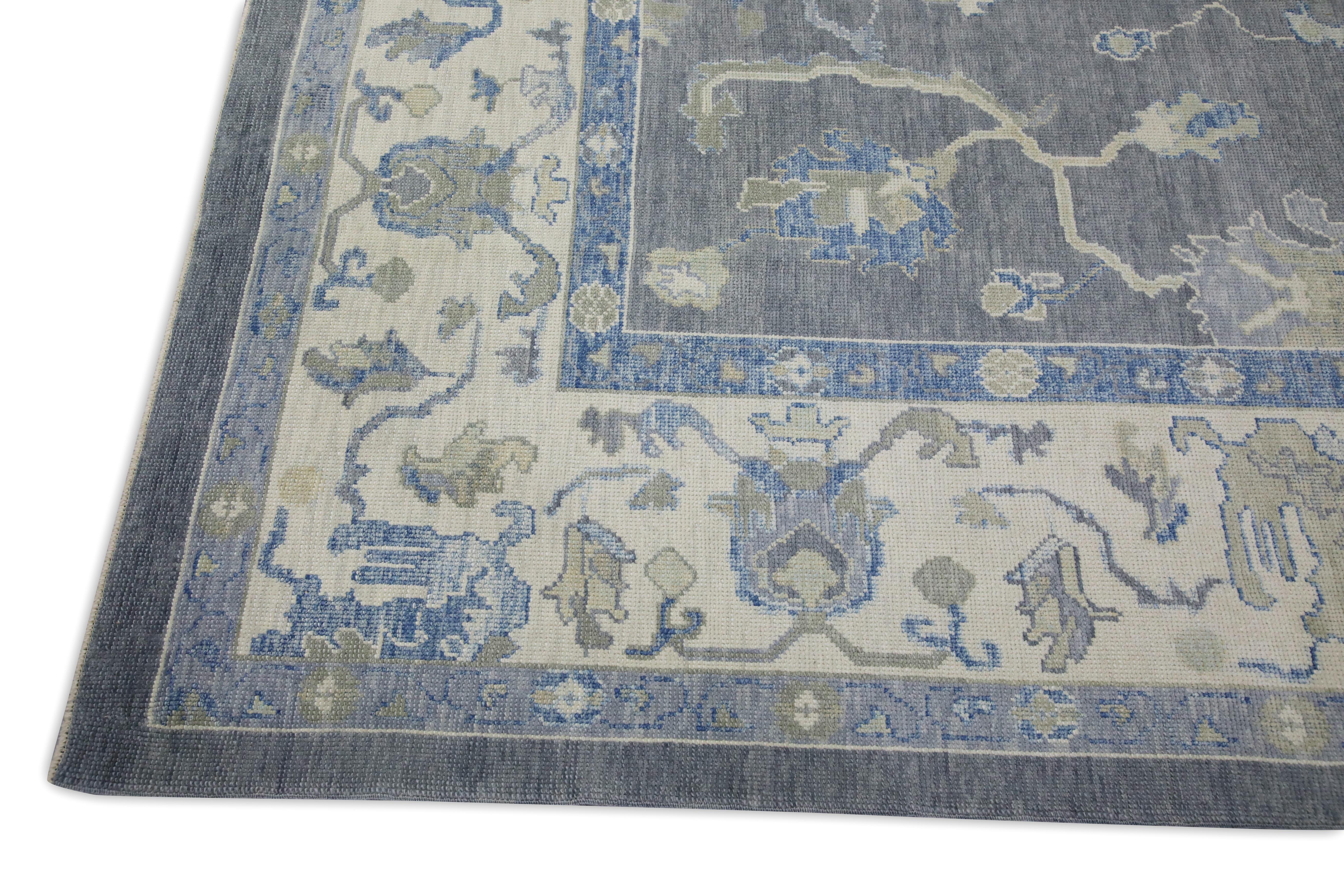 Tapis turc Oushak Gris anthracite et bleu doux Tapis en laine tissé à la main 9'9