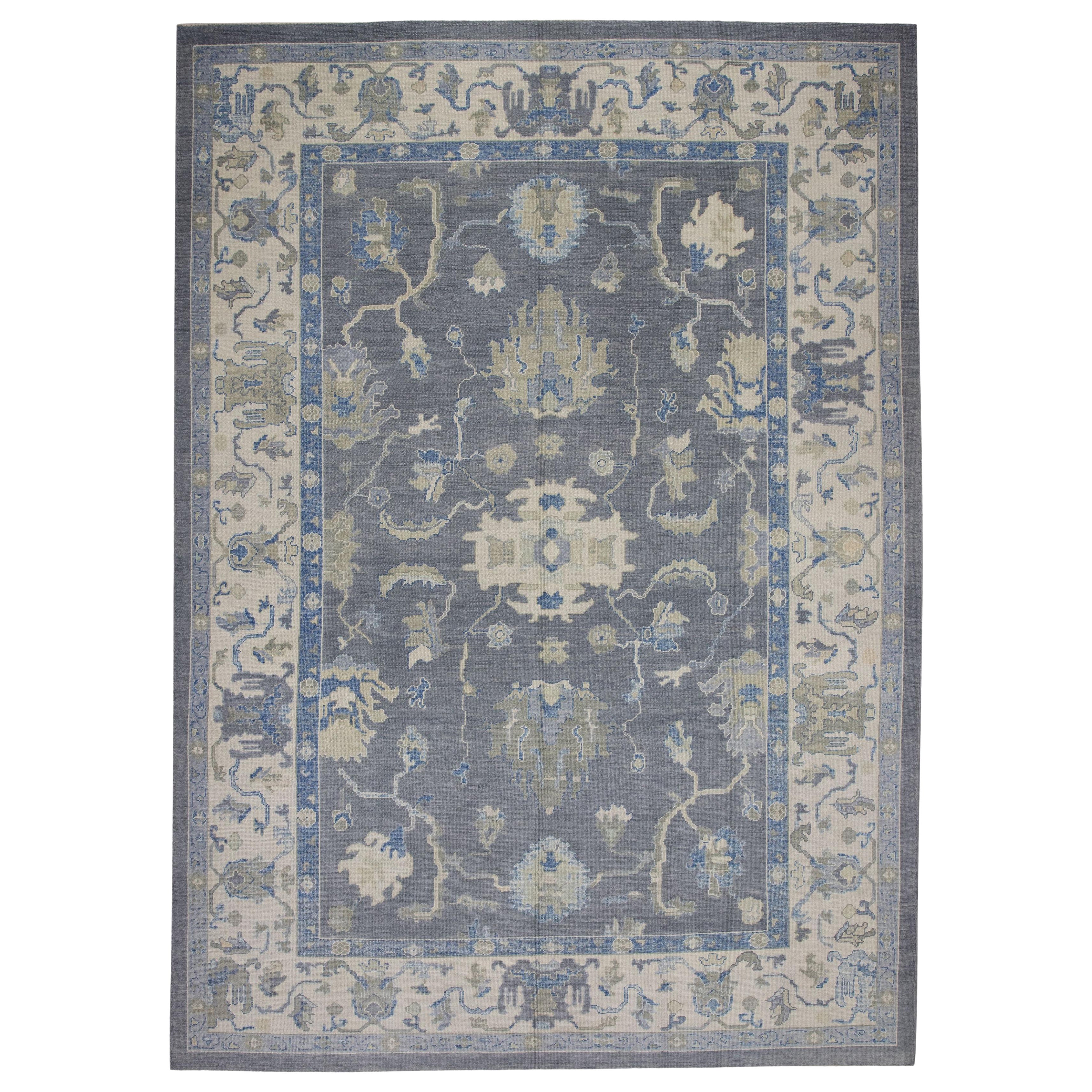 Tapis turc Oushak Gris anthracite et bleu doux Tapis en laine tissé à la main 9'9" x 13'11" en vente