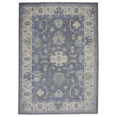 Tapis turc Oushak Gris anthracite et bleu doux Tapis en laine tissé à la main 9'9" x 13'11"