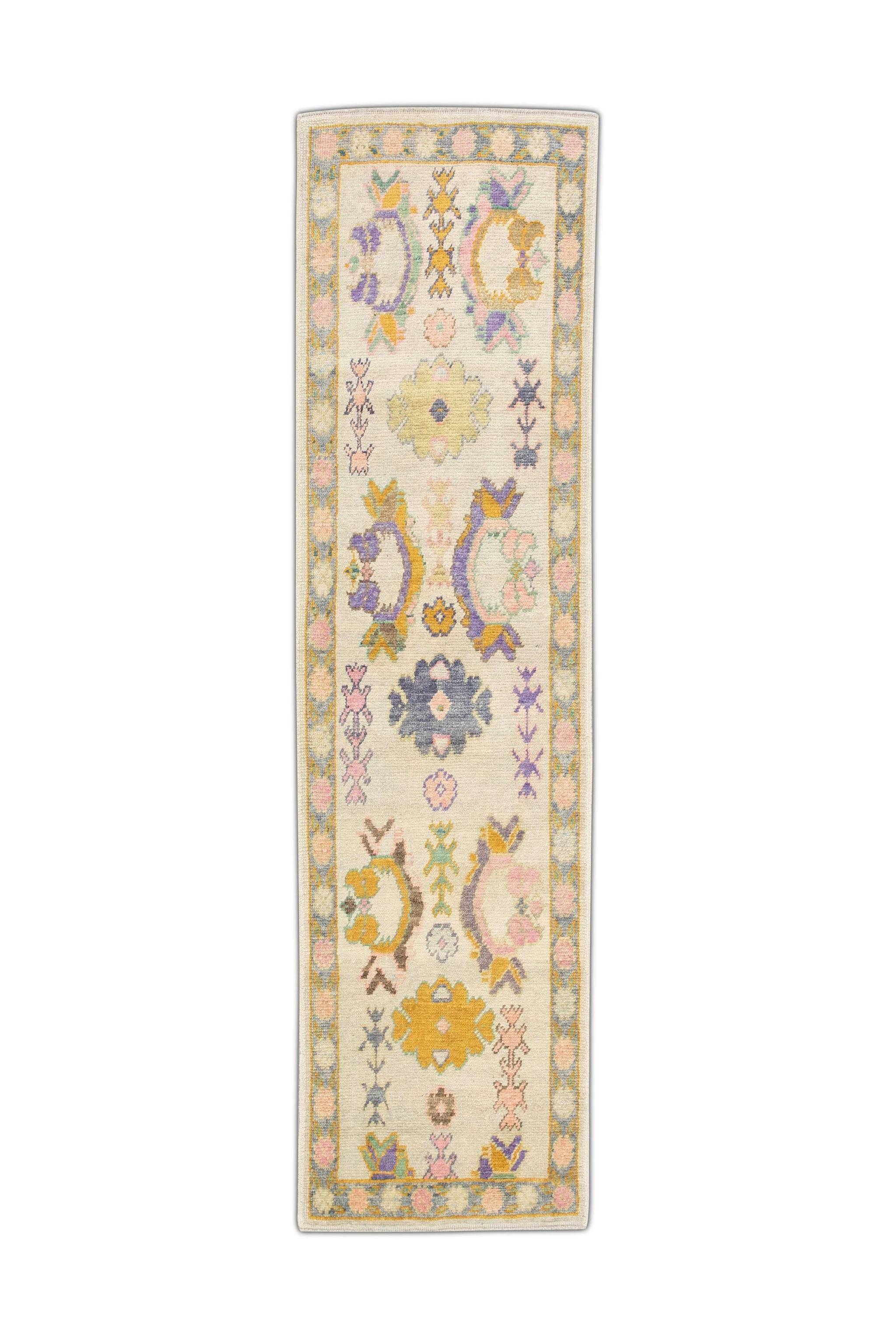 Tappeto turco Oushak Tappeto di lana intrecciata a mano dal design floreale colorato 2'9