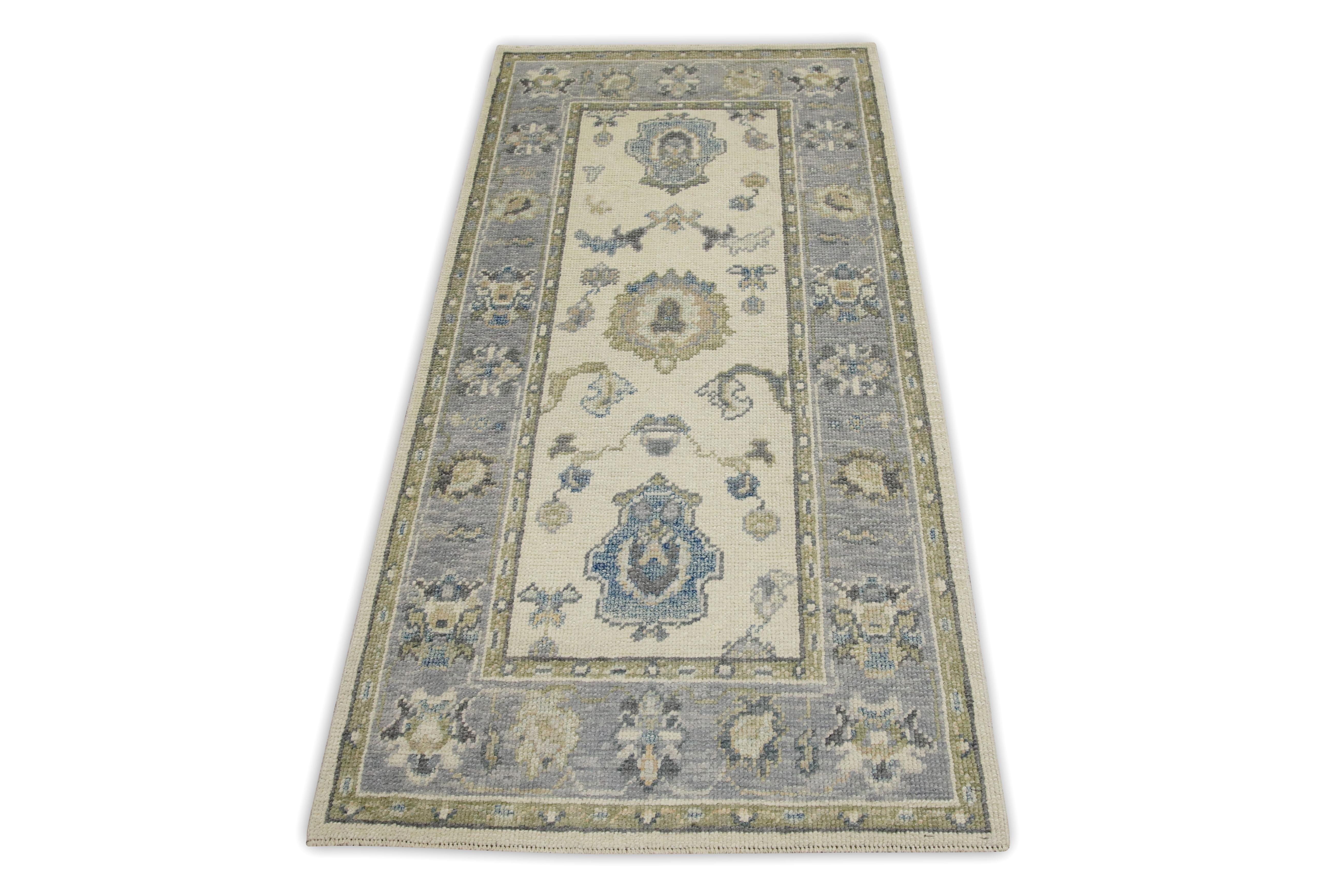 Turkish Oushak Rug Cream & Blue Handwoven Wool Rug 2'8