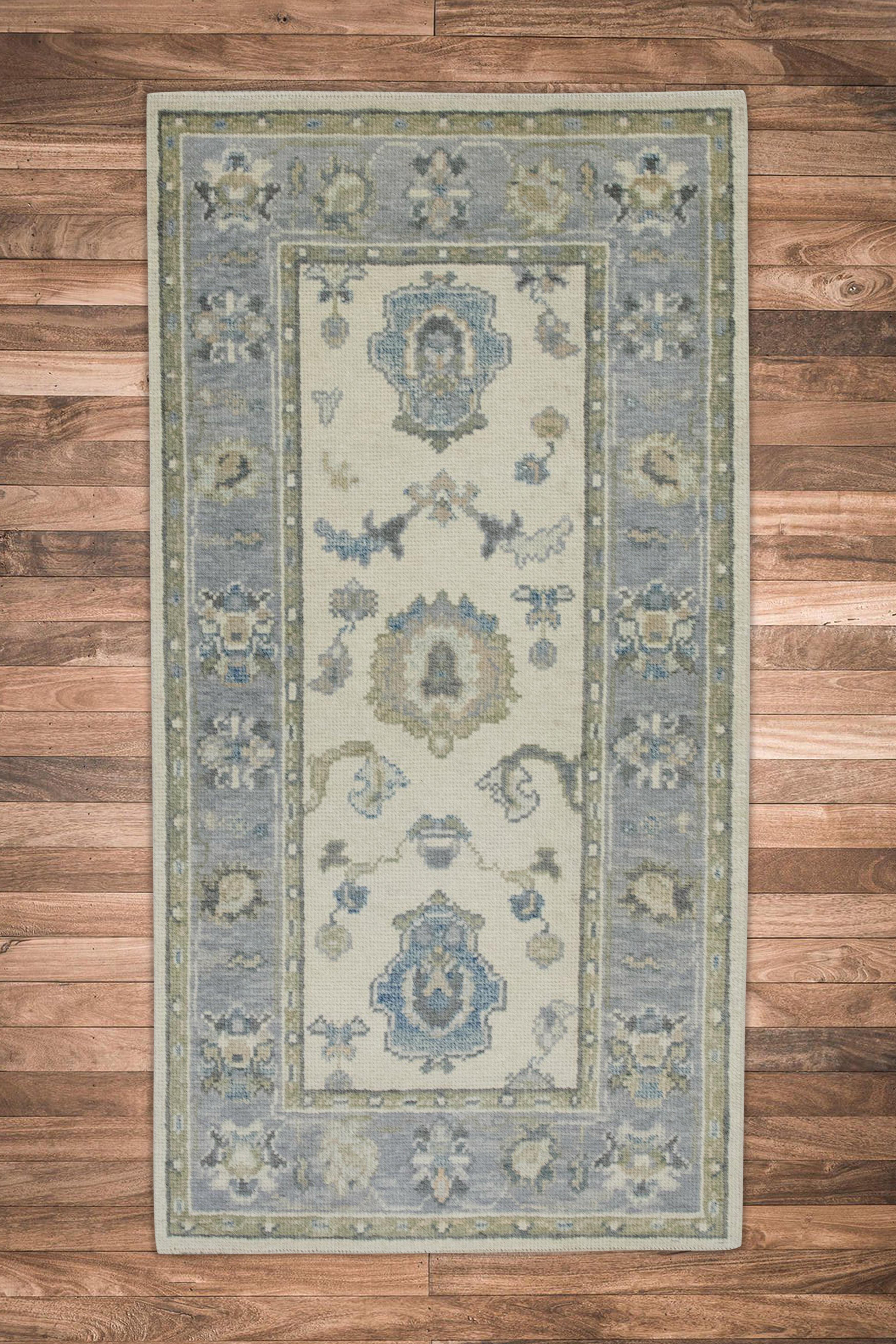 Contemporary Turkish Oushak Rug Cream & Blue Handwoven Wool Rug 2'8
