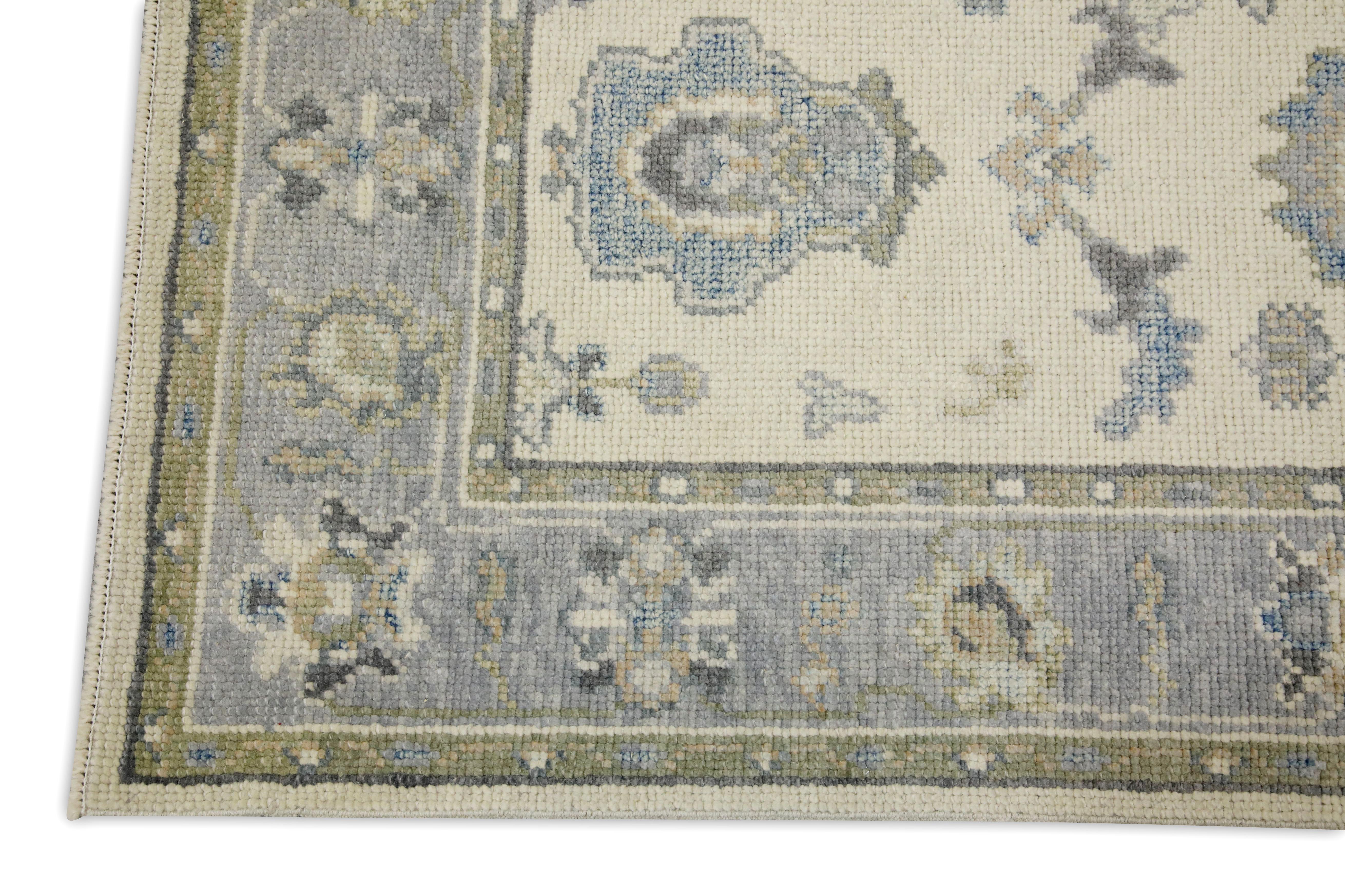Turkish Oushak Rug Cream & Blue Handwoven Wool Rug 2'8