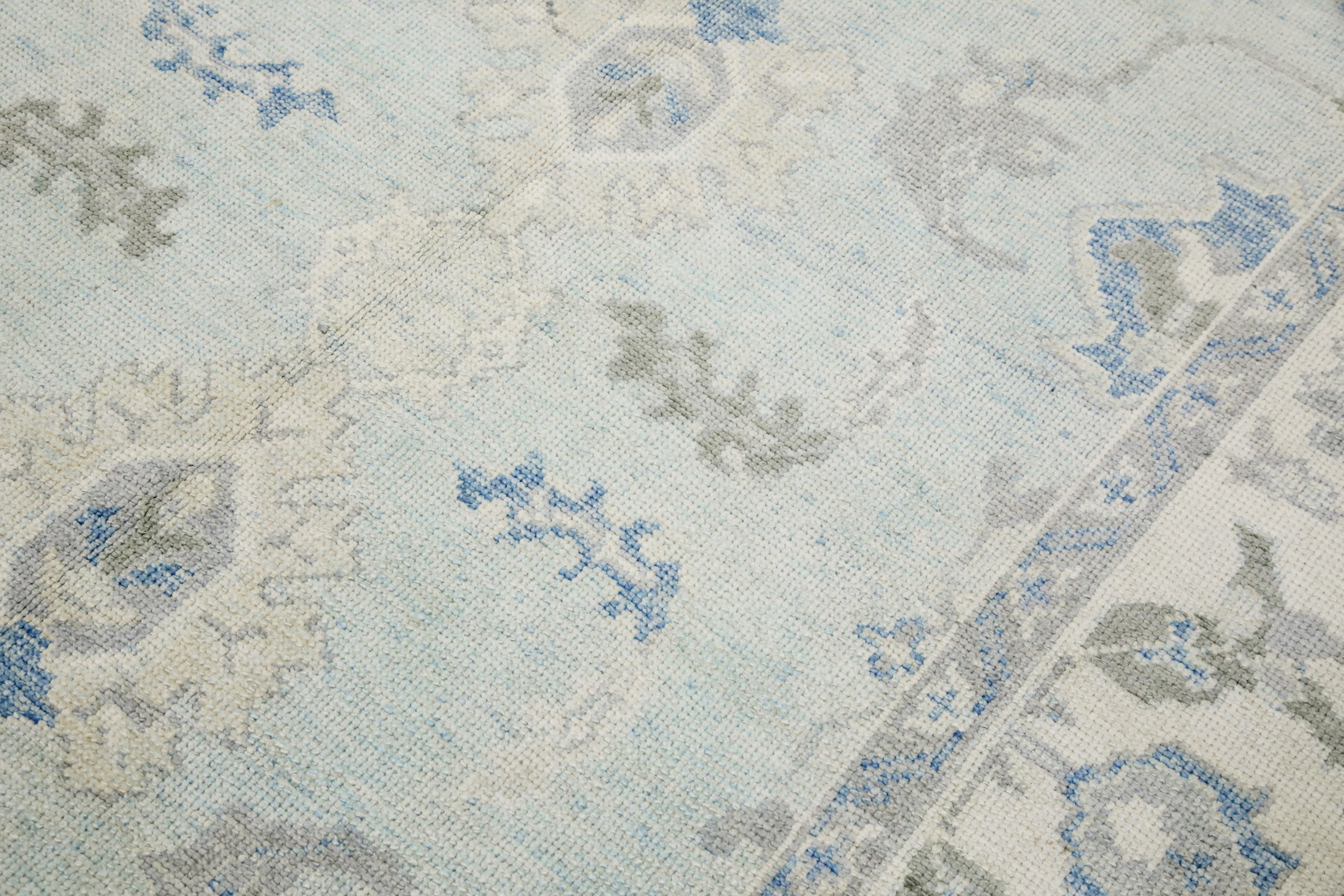 Türkischer Oushak-Teppich Creme & Blau Handgewebter Wollteppich 6' x 9'5