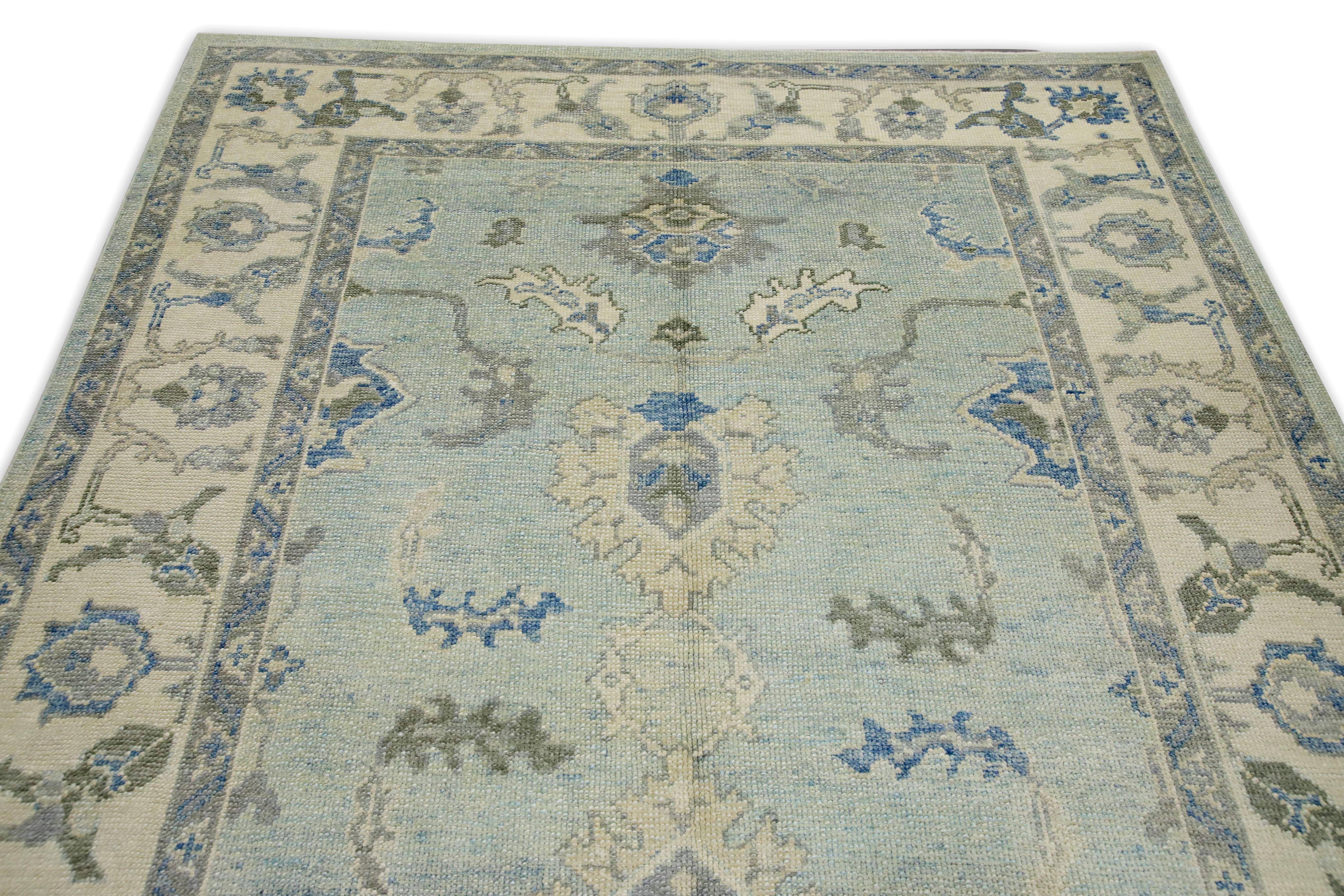 Türkischer Oushak-Teppich Creme & Blau Handgewebter Wollteppich 6' x 9'5