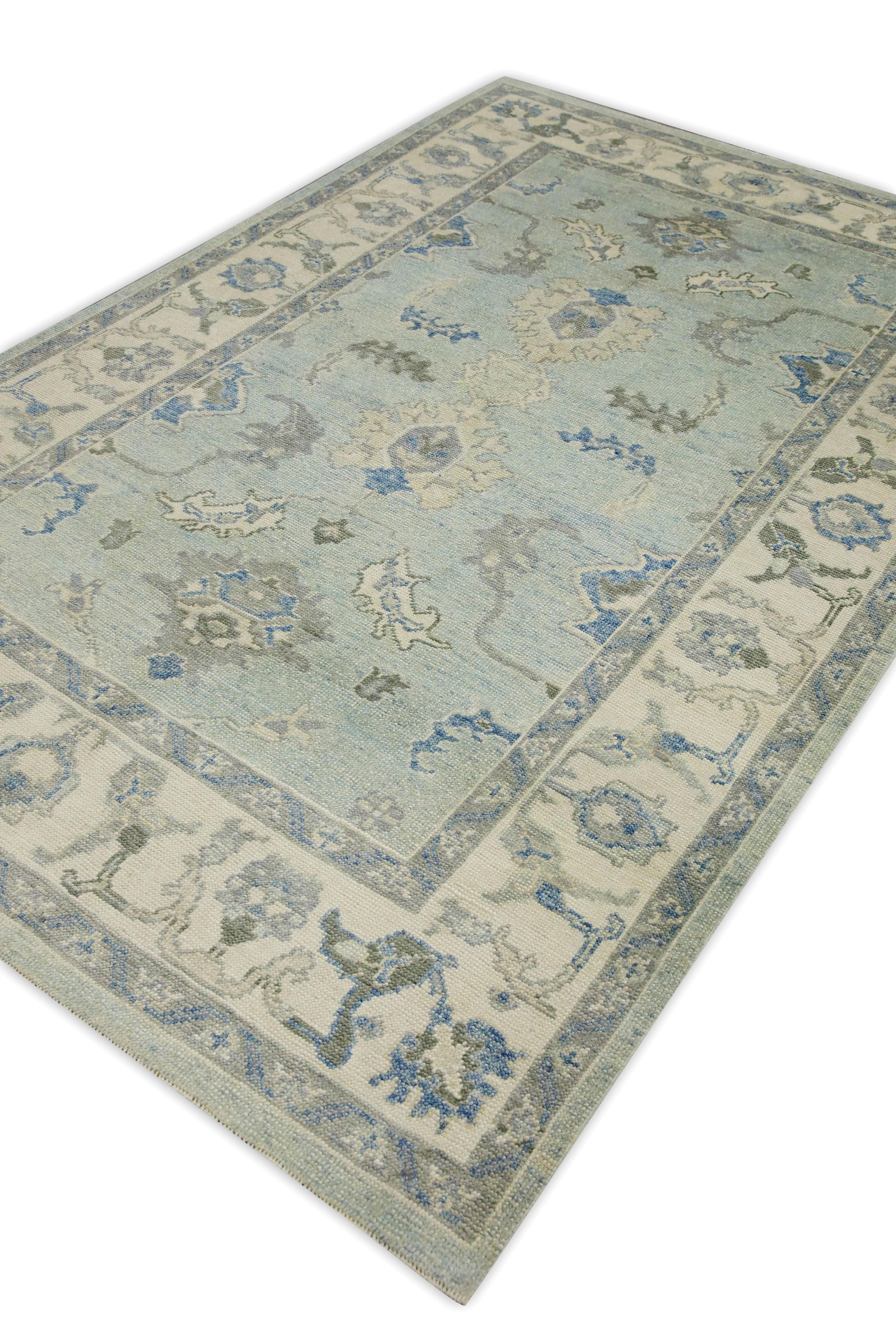 Türkischer Oushak-Teppich Creme & Blau Handgewebter Wollteppich 6' x 9'5
