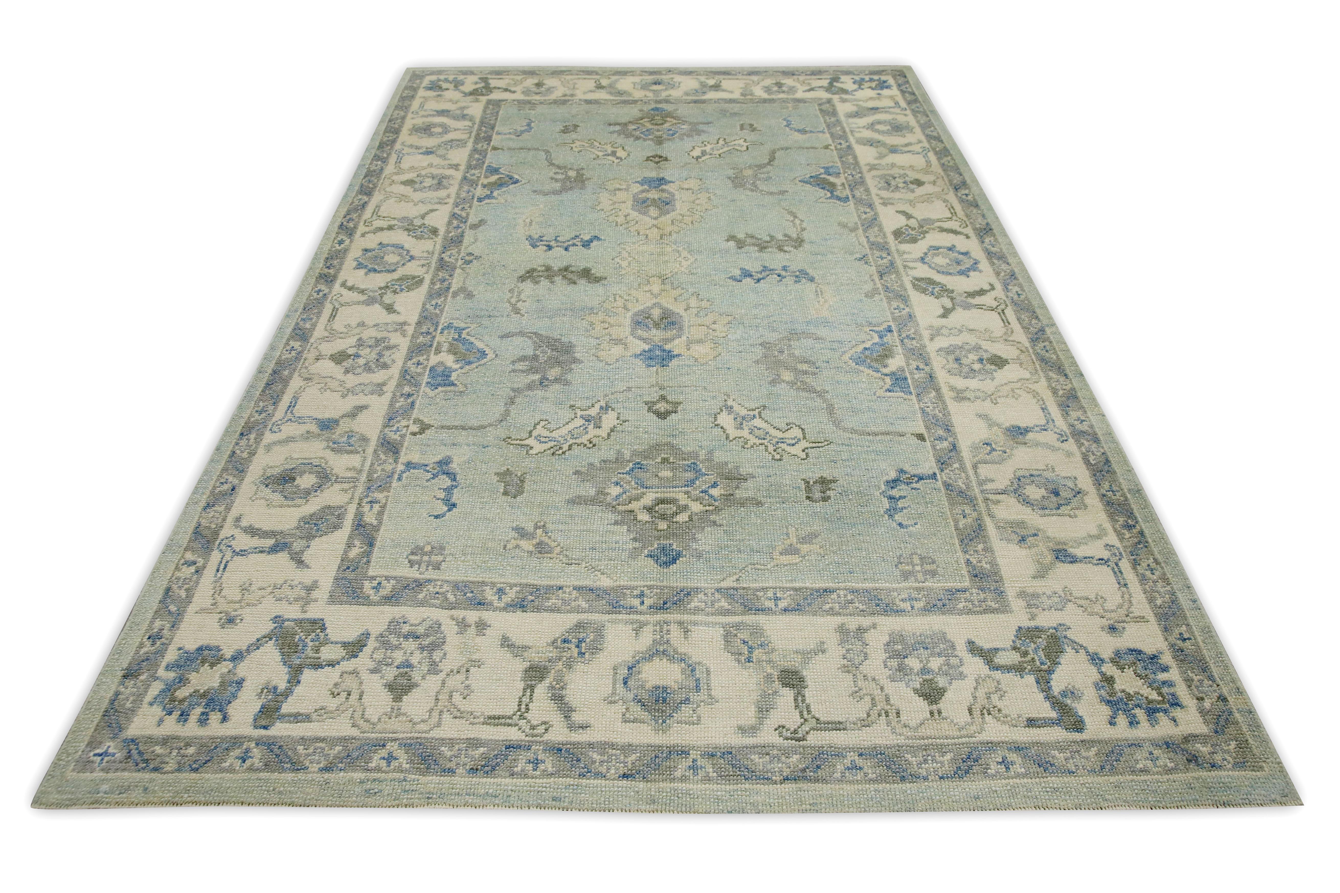Türkischer Oushak-Teppich Creme & Blau Handgewebter Wollteppich 6' x 9'5