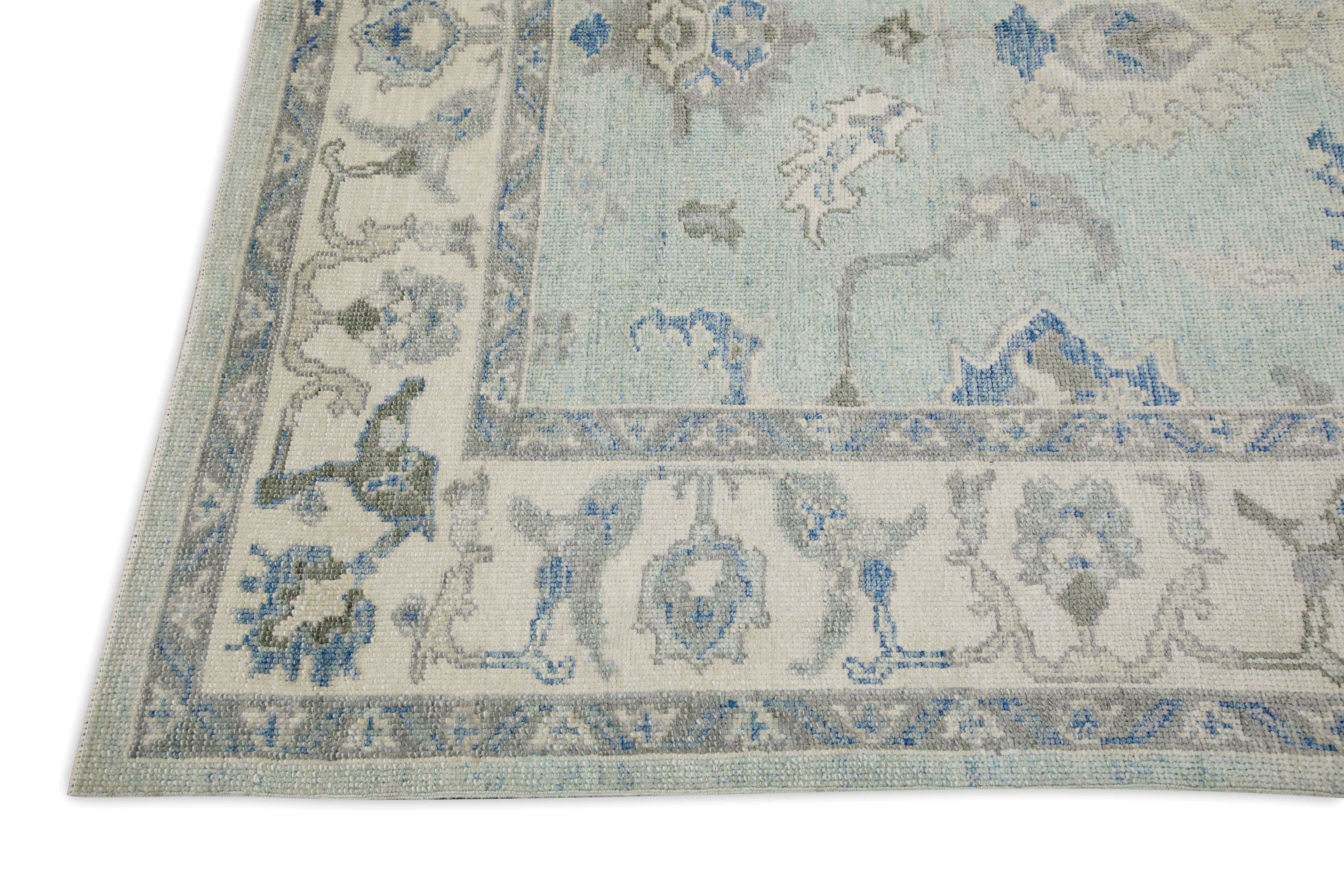 Türkischer Oushak-Teppich Creme & Blau Handgewebter Wollteppich 6' x 9'5