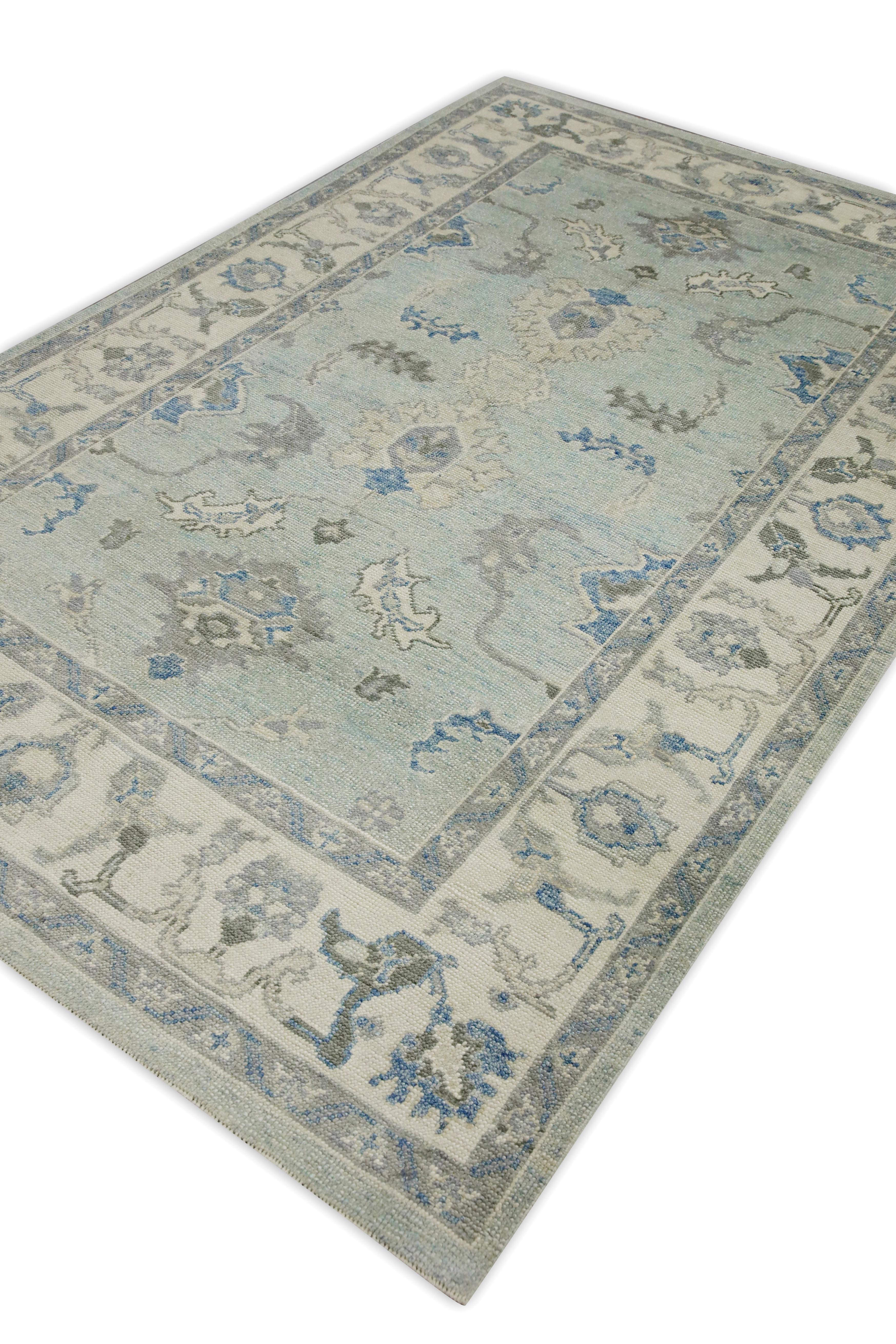 Türkischer Oushak-Teppich Creme & Blau Handgewebter Wollteppich 6' x 9'5