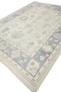 Turkish Oushak Rug Cream & Blue Handwoven Wool Rug 8'3" x 10'6"