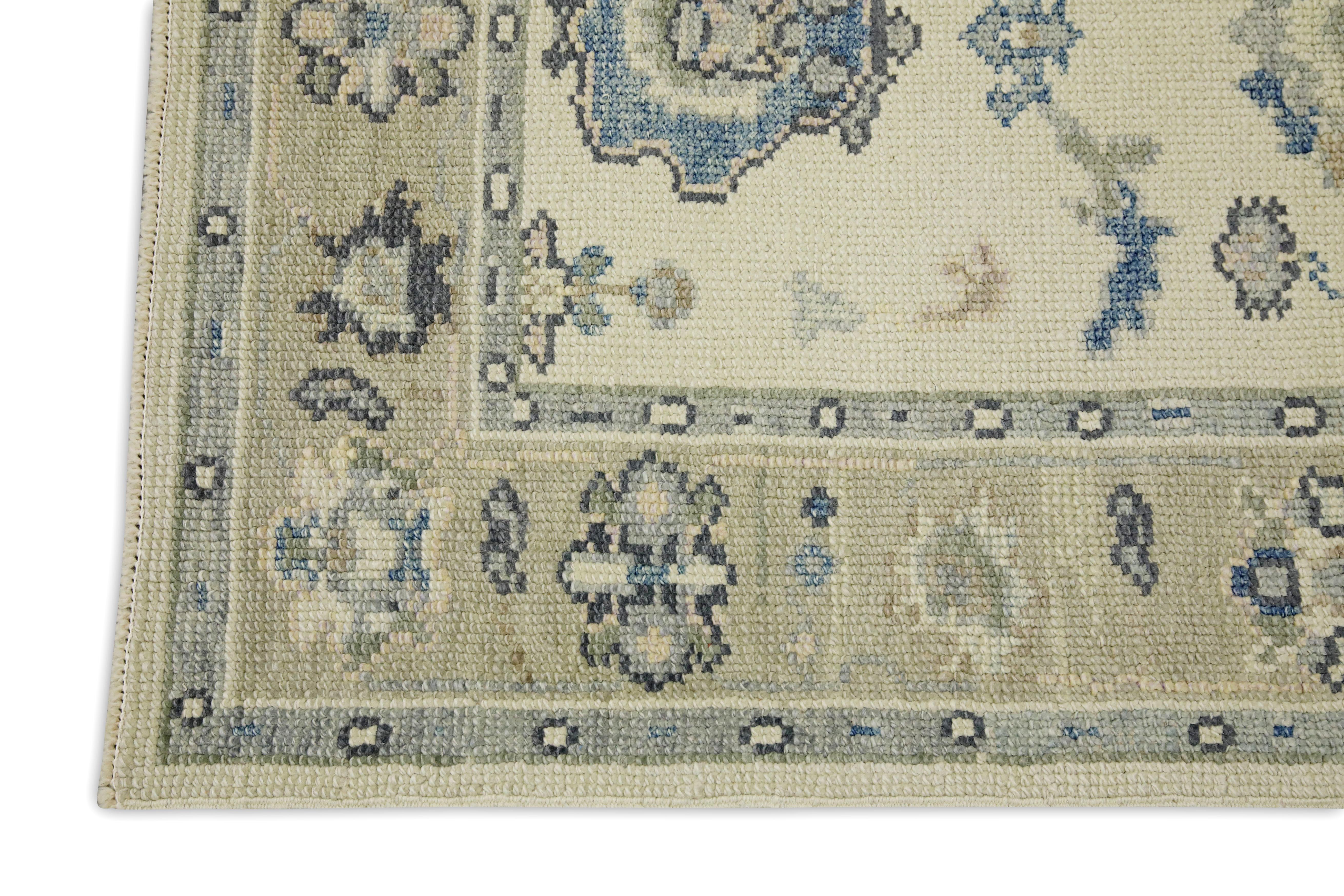 Vegetable Dyed Turkish Oushak Rug Cream & Green Handwoven Wool Rug 3' x 4'8
