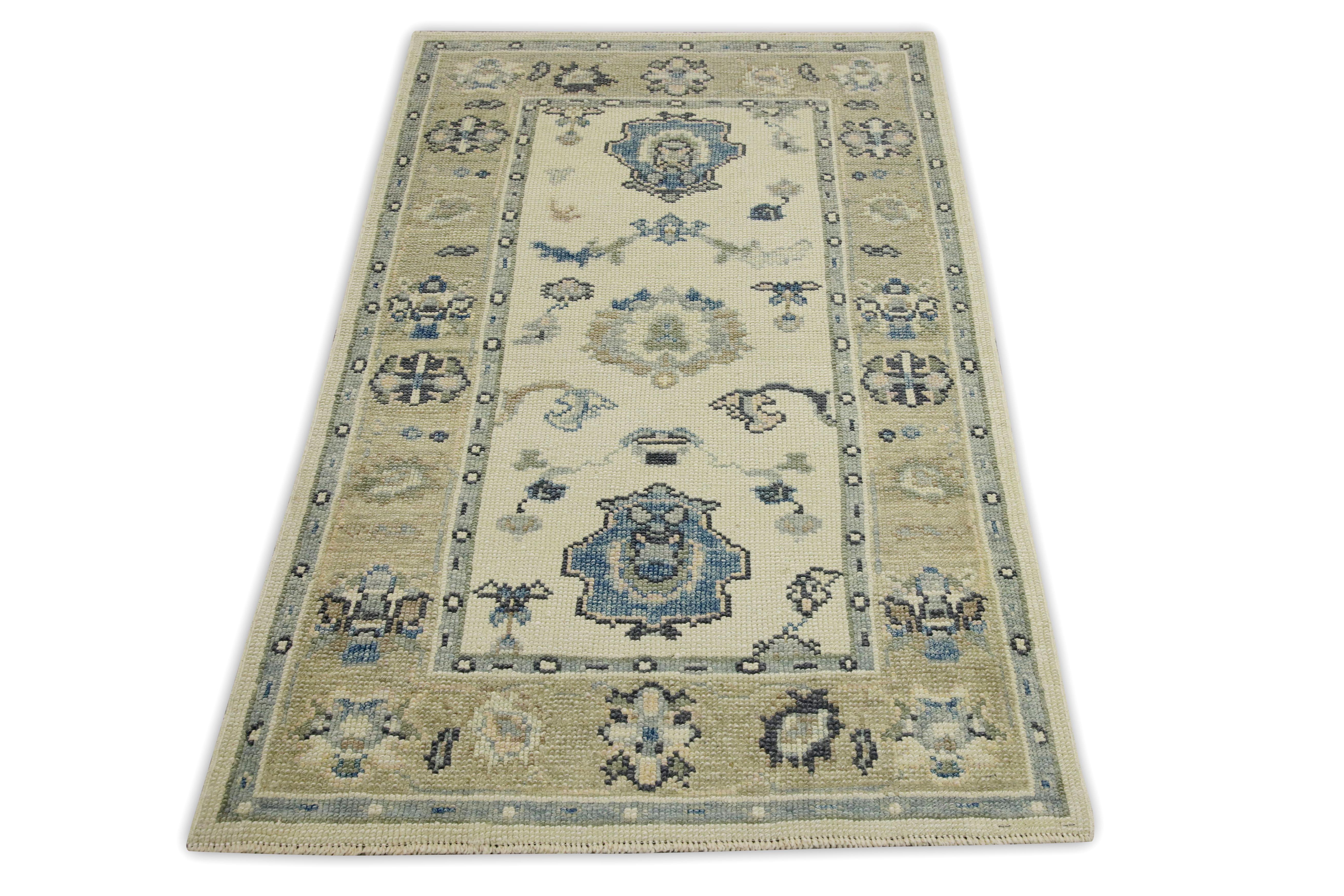 Turkish Oushak Rug Cream & Green Handwoven Wool Rug 3' x 4'8