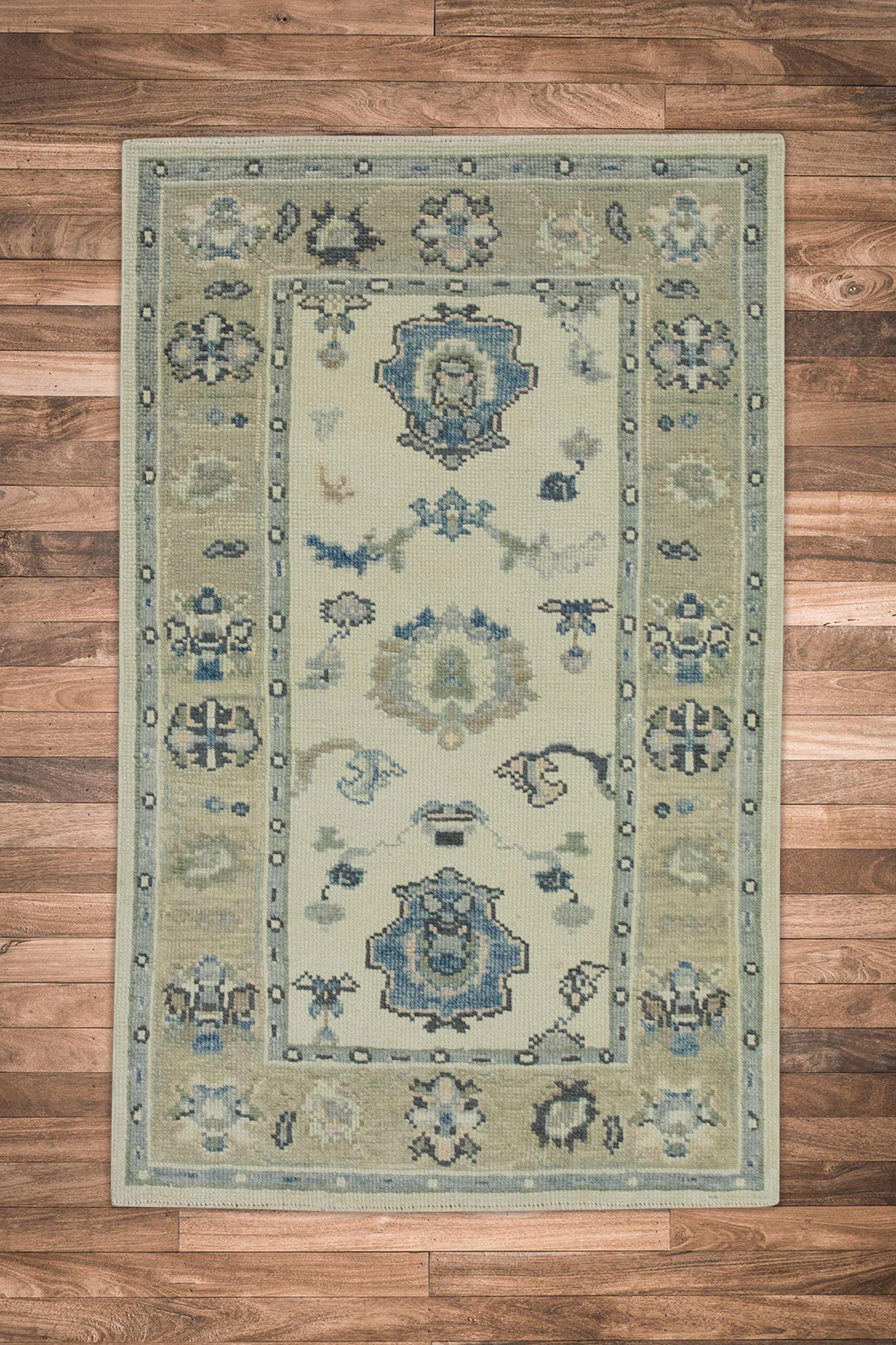 Contemporary Turkish Oushak Rug Cream & Green Handwoven Wool Rug 3' x 4'8