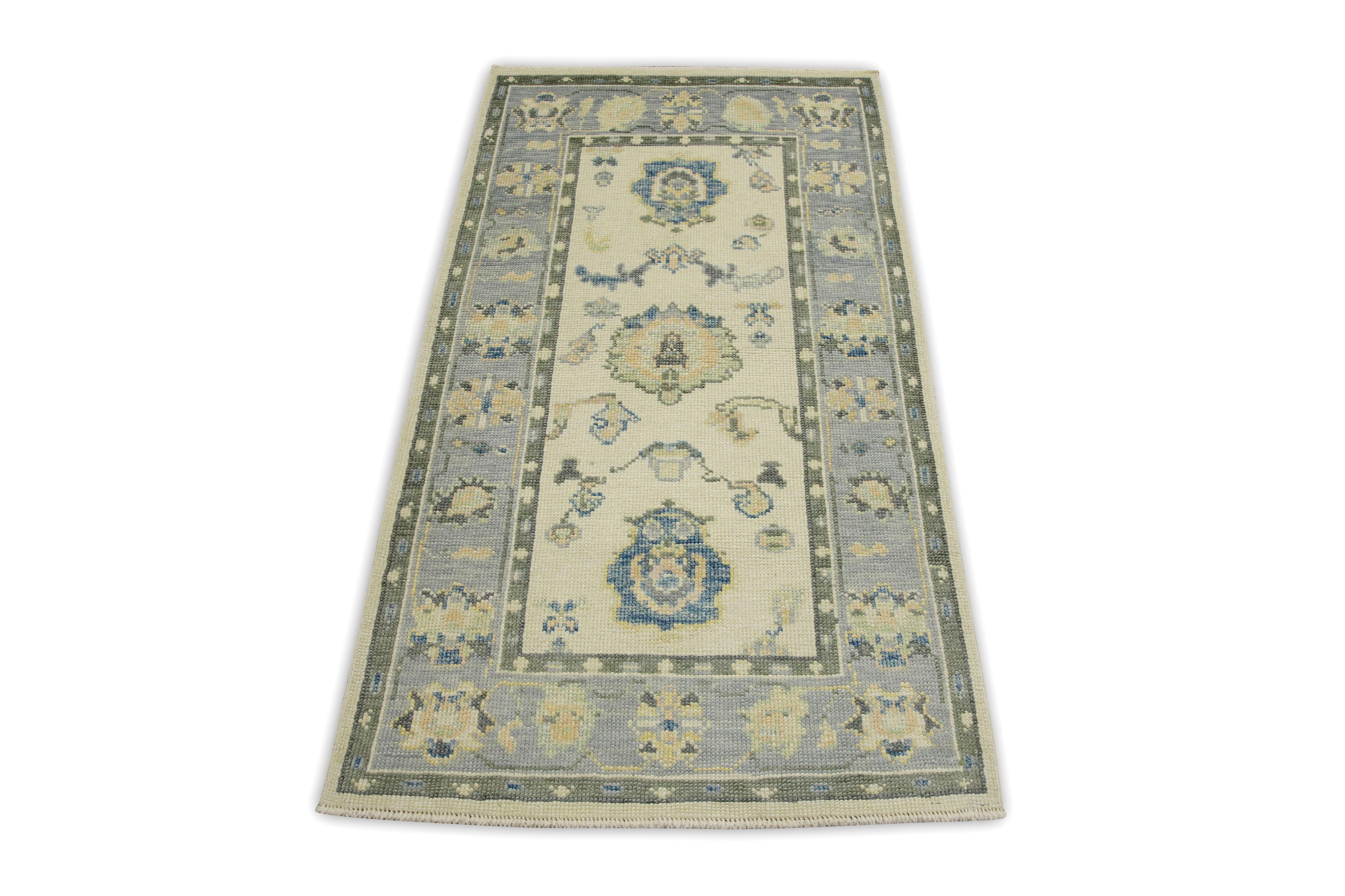 Turkish Oushak Rug Cream & Green Handwoven Wool Rug 3' x 4'8