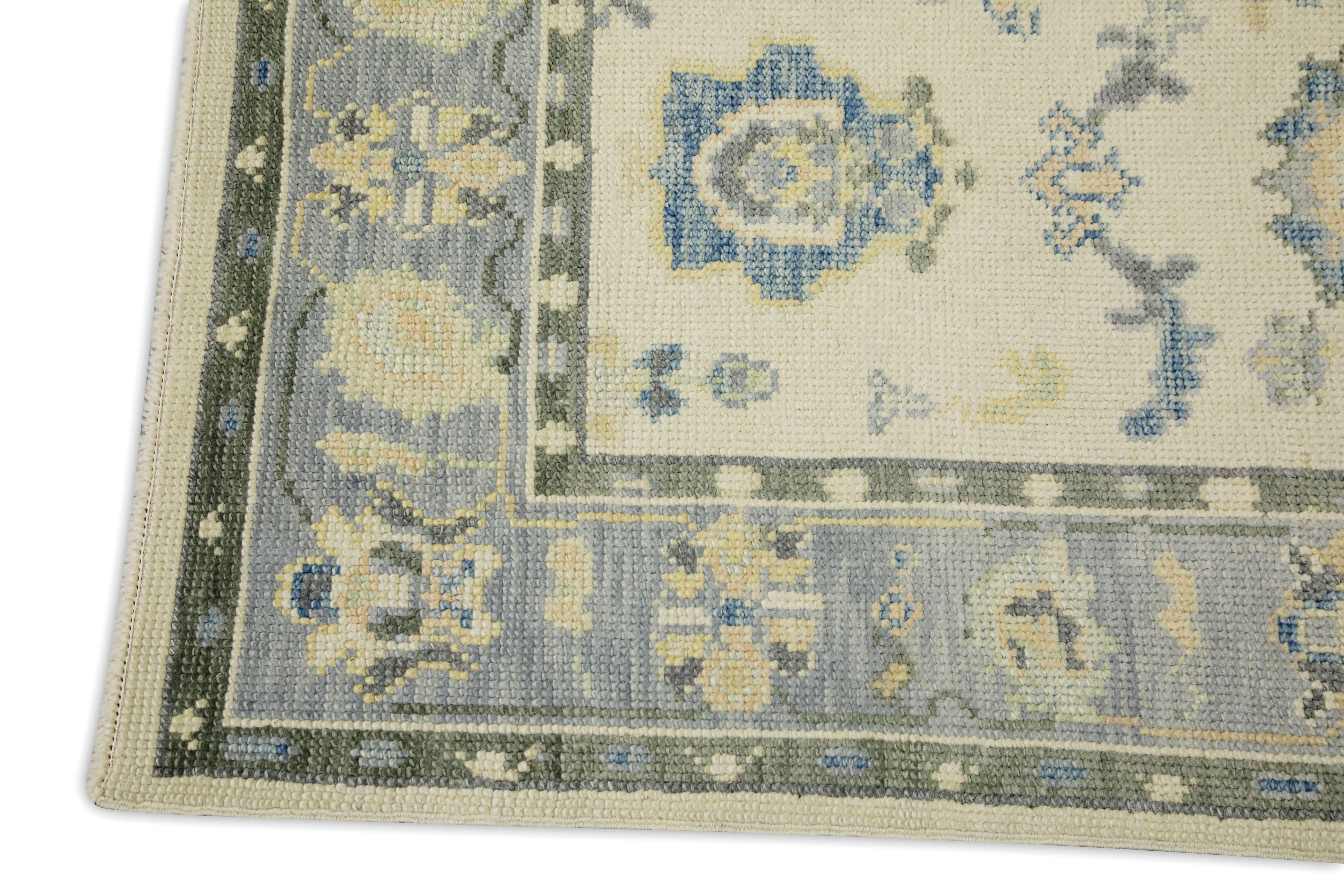 Turkish Oushak Rug Cream & Green Handwoven Wool Rug 3' x 4'8