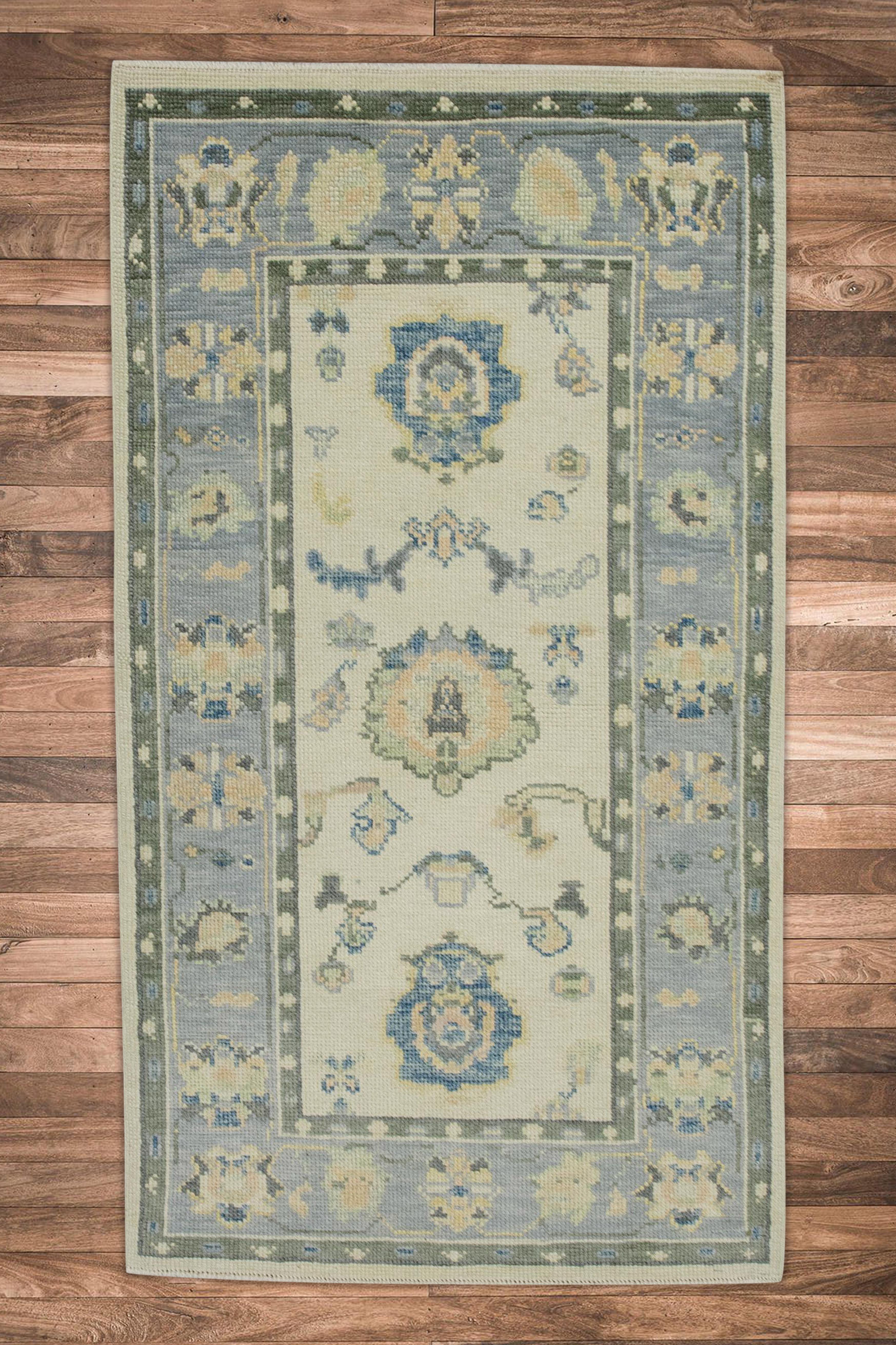 Turkish Oushak Rug Cream & Green Handwoven Wool Rug 3' x 4'8