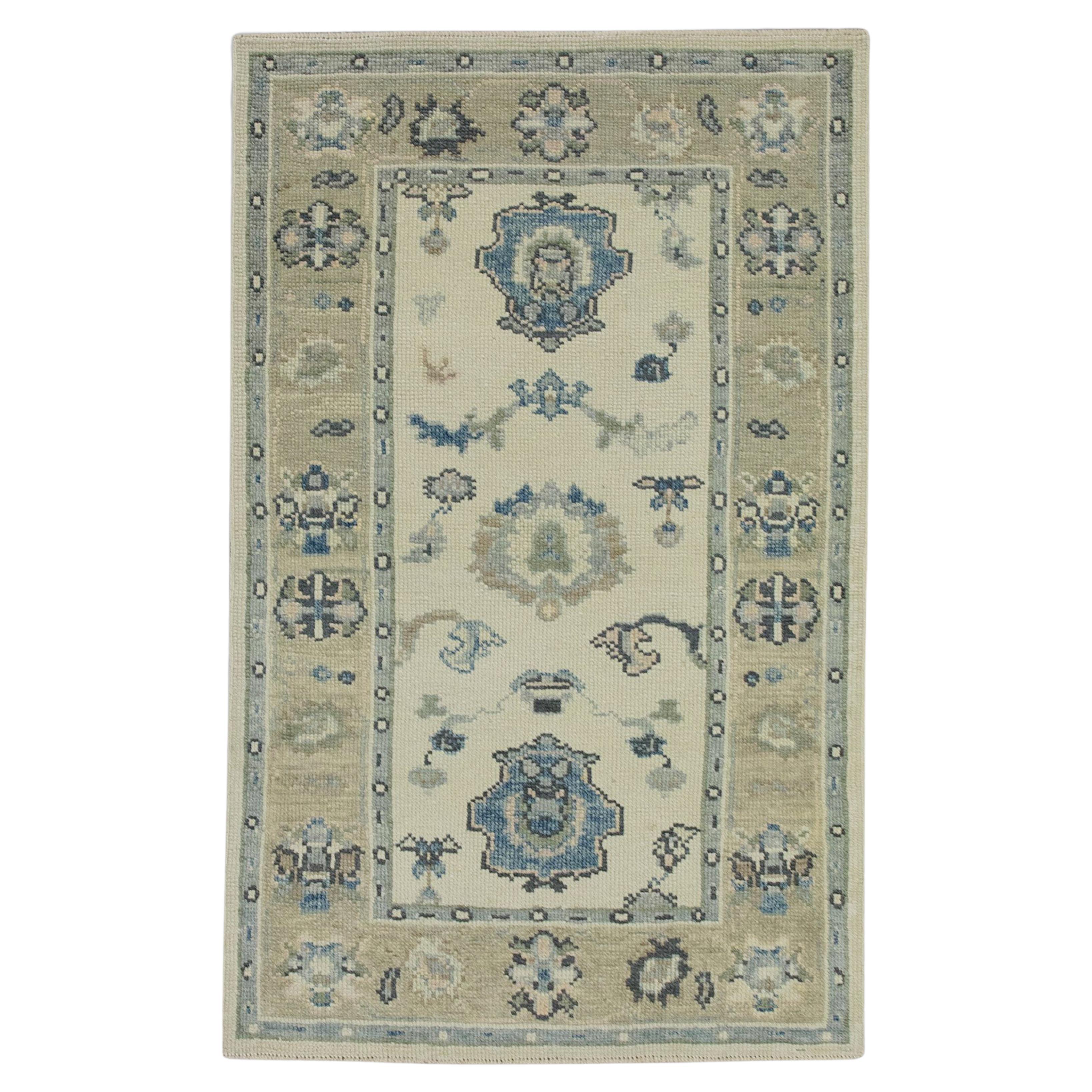 Turkish Oushak Rug Cream & Green Handwoven Wool Rug 3' x 4'8"