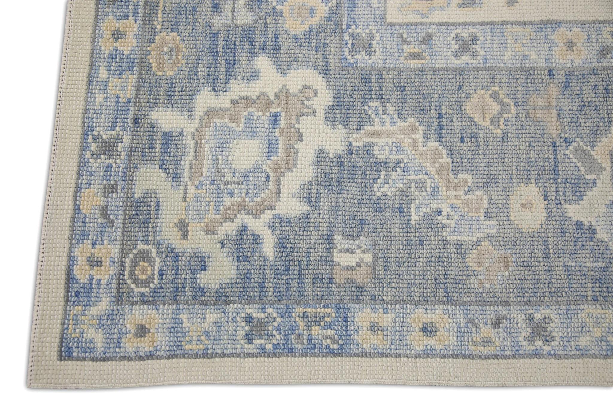 Türkische Oushak Teppich Creme & Sky Blue Floral Medaillon Handmade Teppich 8'5