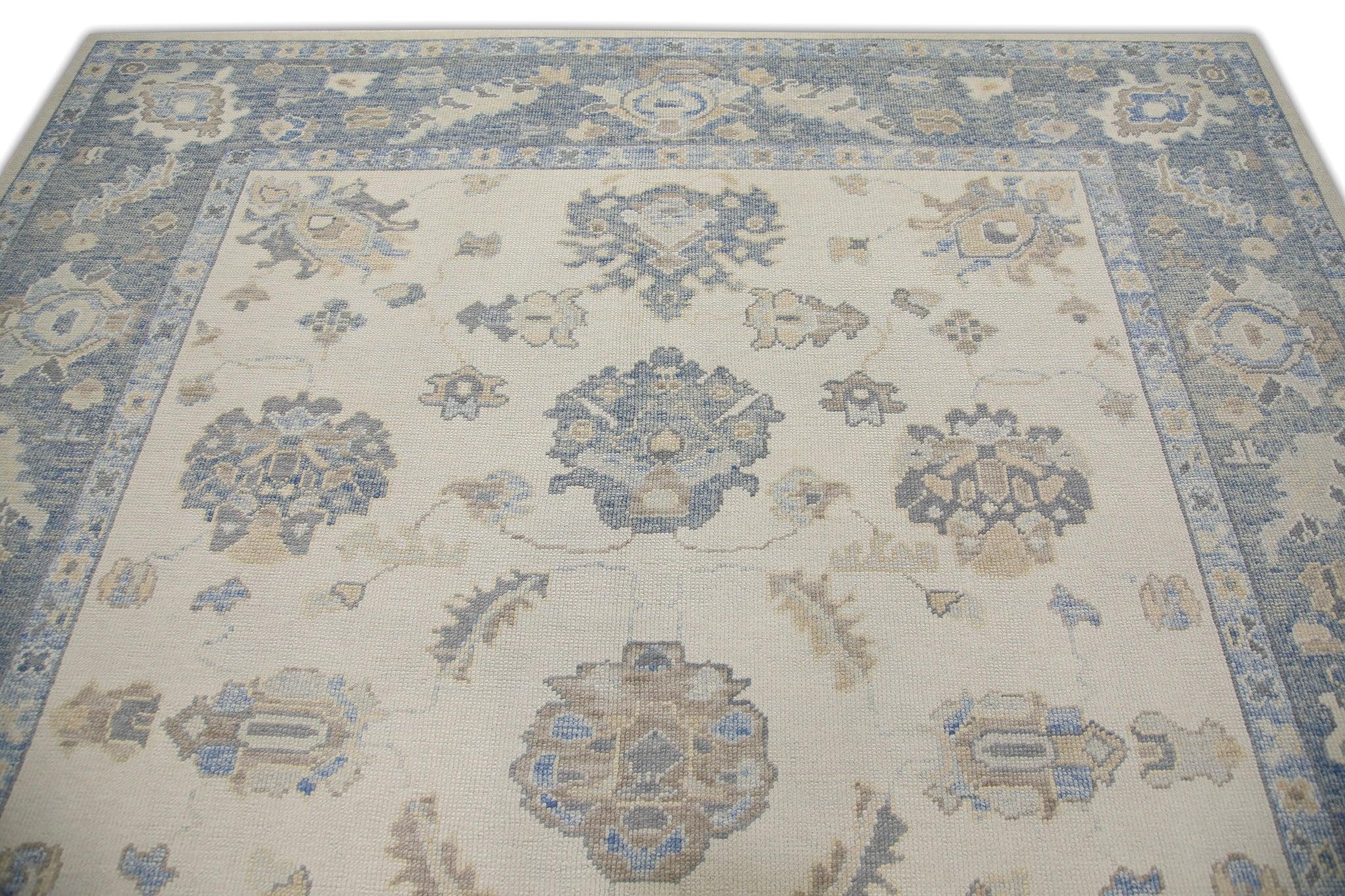 Türkische Oushak Teppich Creme & Sky Blue Floral Medaillon Handmade Teppich 8'5