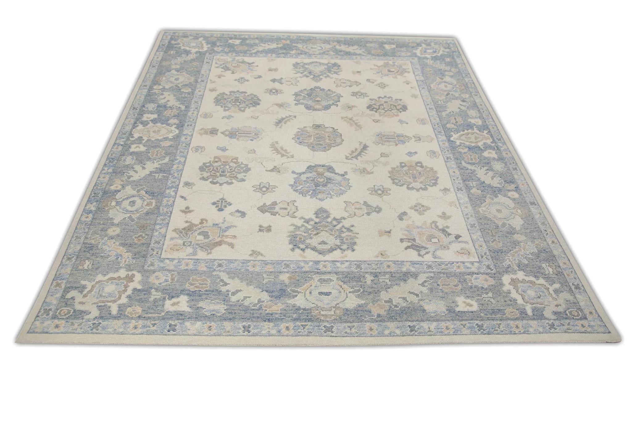 Türkische Oushak Teppich Creme & Sky Blue Floral Medaillon Handmade Teppich 8'5
