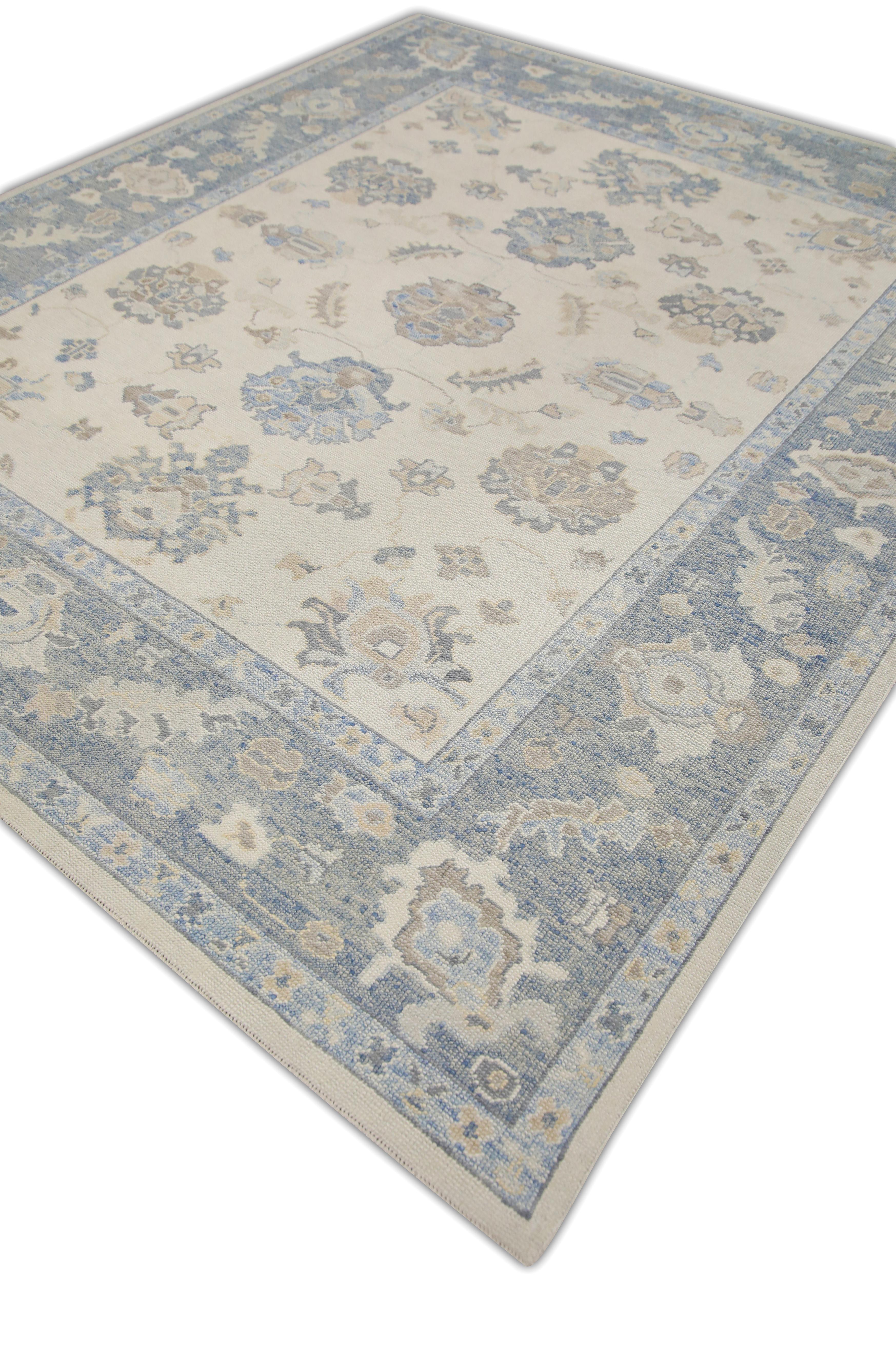 Türkische Oushak Teppich Creme & Sky Blue Floral Medaillon Handmade Teppich 8'5