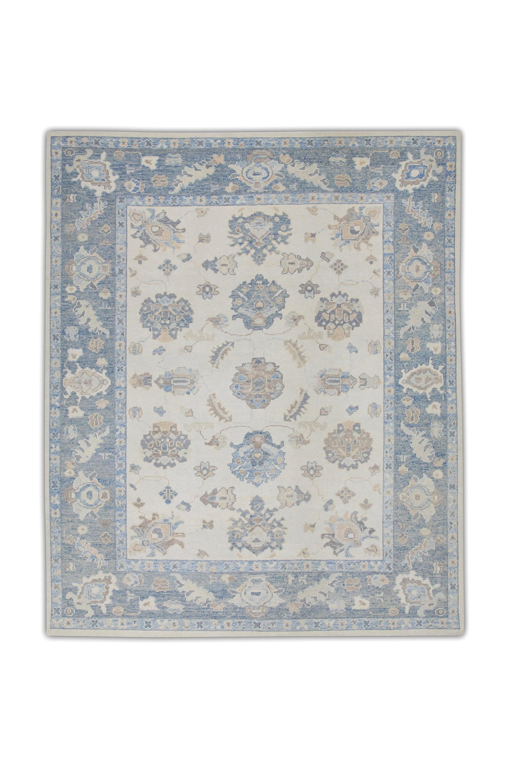 Türkische Oushak Teppich Creme & Sky Blue Floral Medaillon Handmade Teppich 8'5