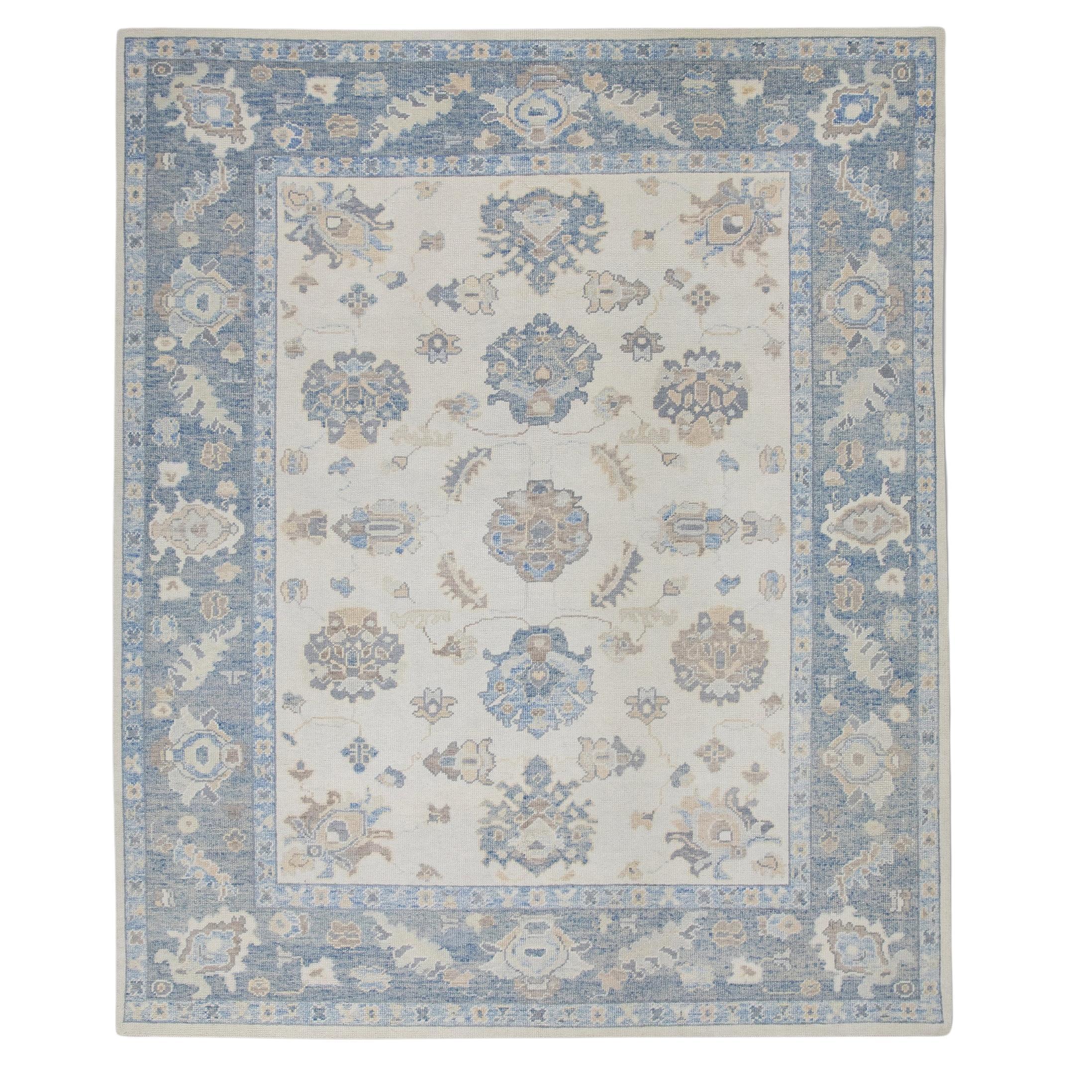 Türkische Oushak Teppich Creme & Sky Blue Floral Medaillon Handmade Teppich 8'5" x 9'11"