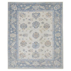Turkish Oushak Rug Cream & Sky Blue Floral Medallion Handmade Rug 8'5" x 9'11"