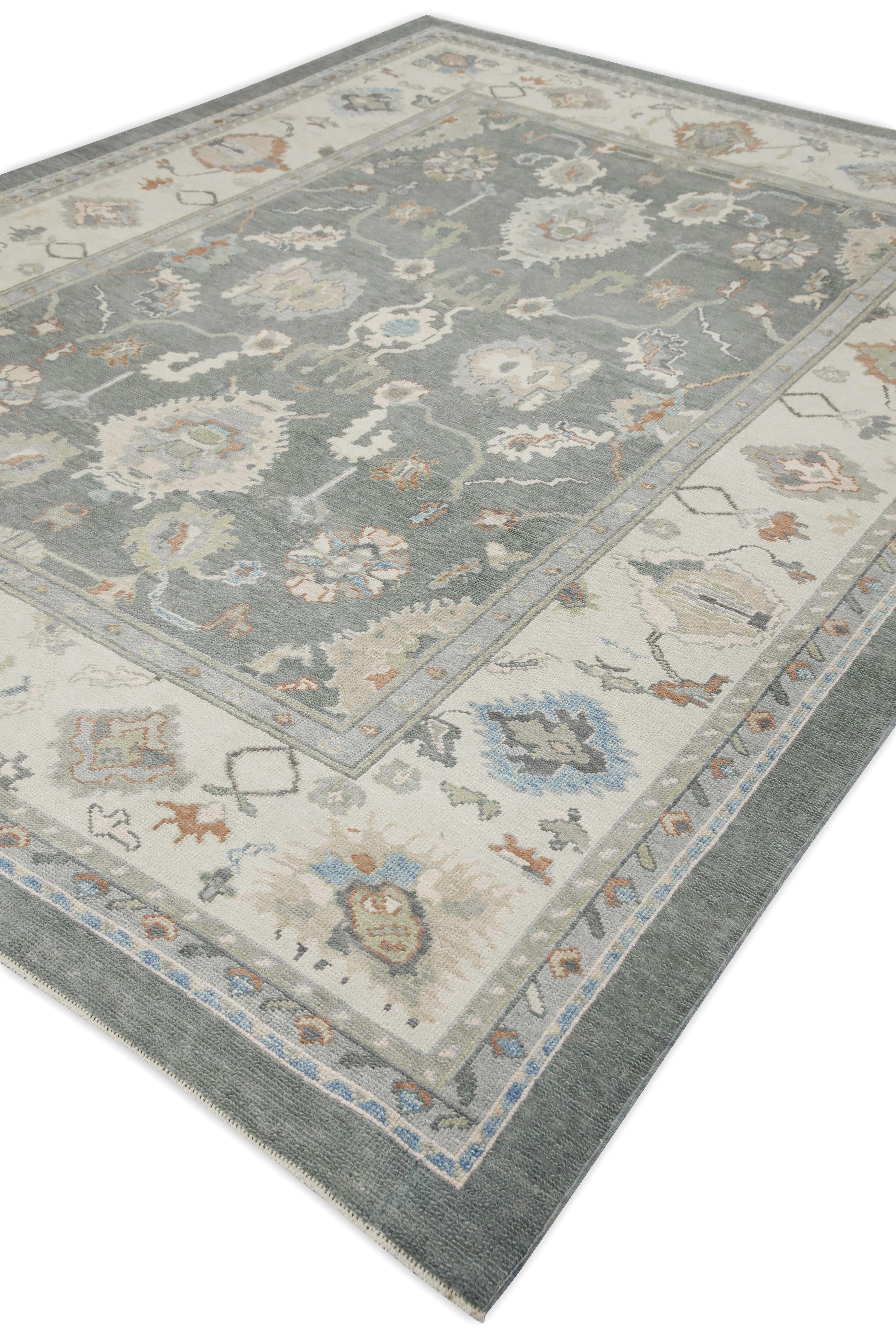 Türkische Oushak Teppich Dusty Blue Beige Handgewebte Wolle Teppich 8'11