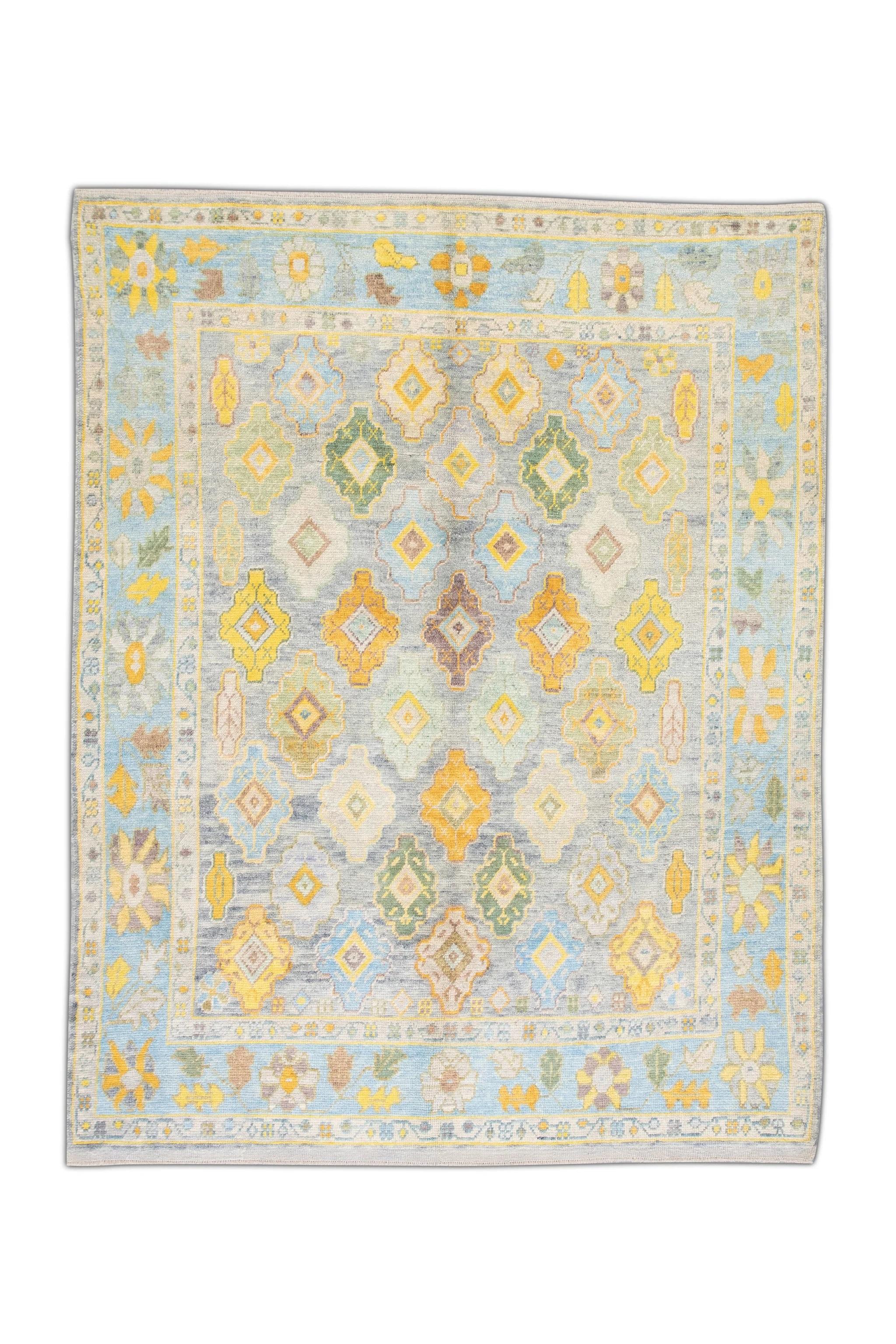 Handwoven Wool Floral Turkish Oushak Rug in Blue, Green, and Yellow 8'1