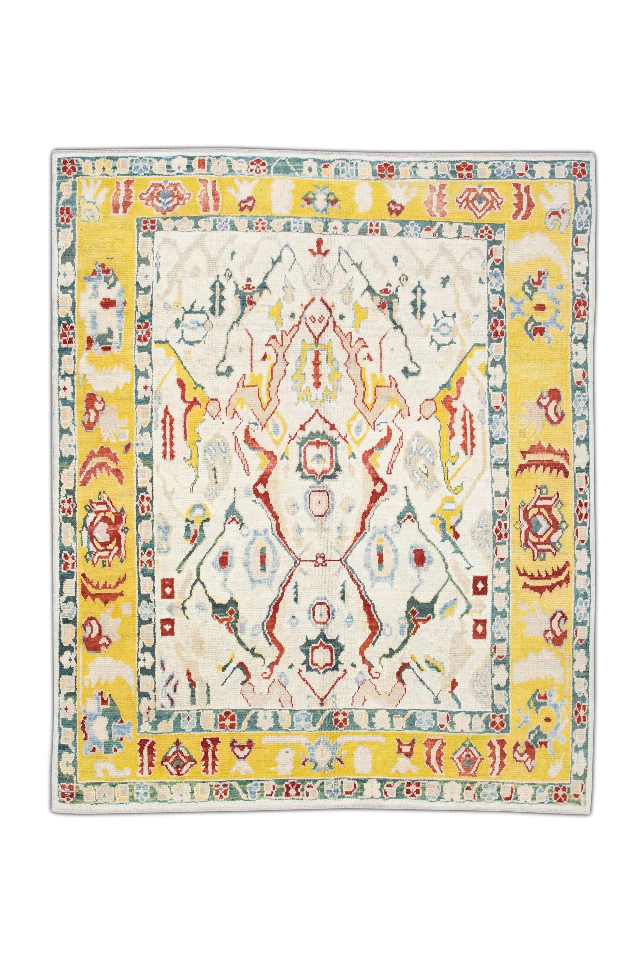 Handwoven Wool Floral Turkish Oushak Rug in Green, Yellow & Red 8'1