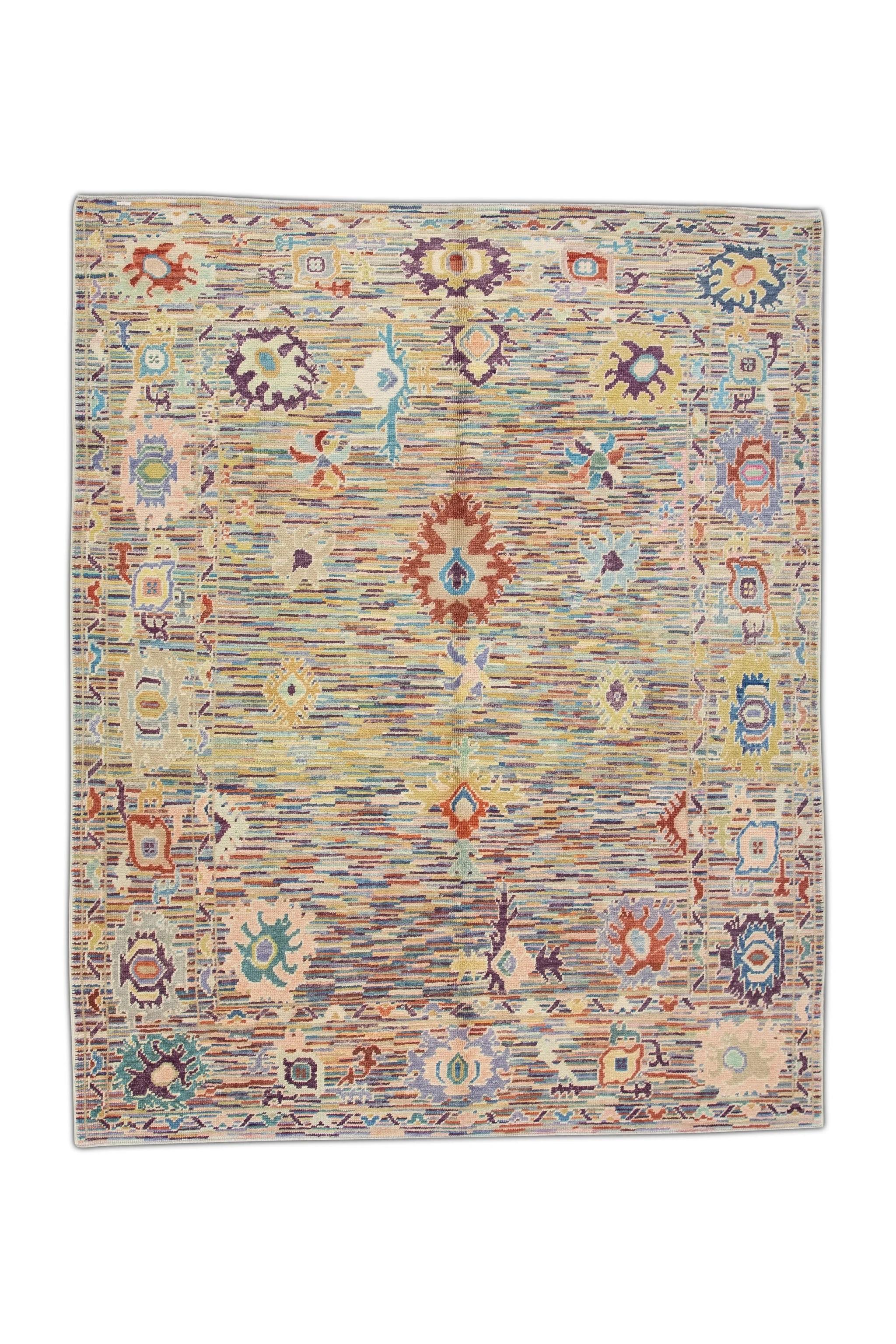 Handwoven Wool Turkish Oushak Rug in Colorful Geometric Floral Design 8' x 10'1