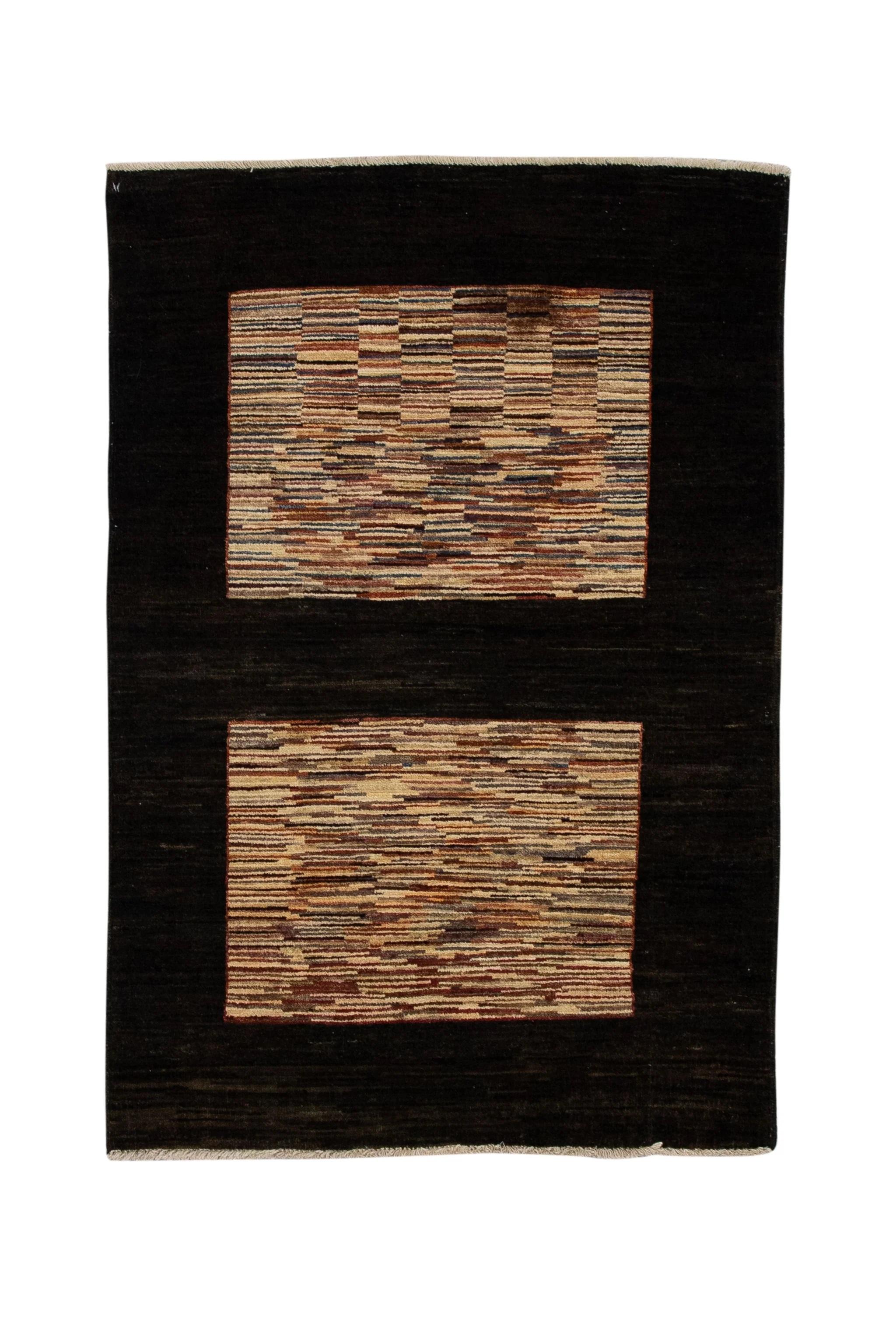 Alfombra Oushak Turca de Lana Tejida a Mano Marrón Oscuro con Diseño de Rayas de Colores 3'3 x 4'9 en venta 4