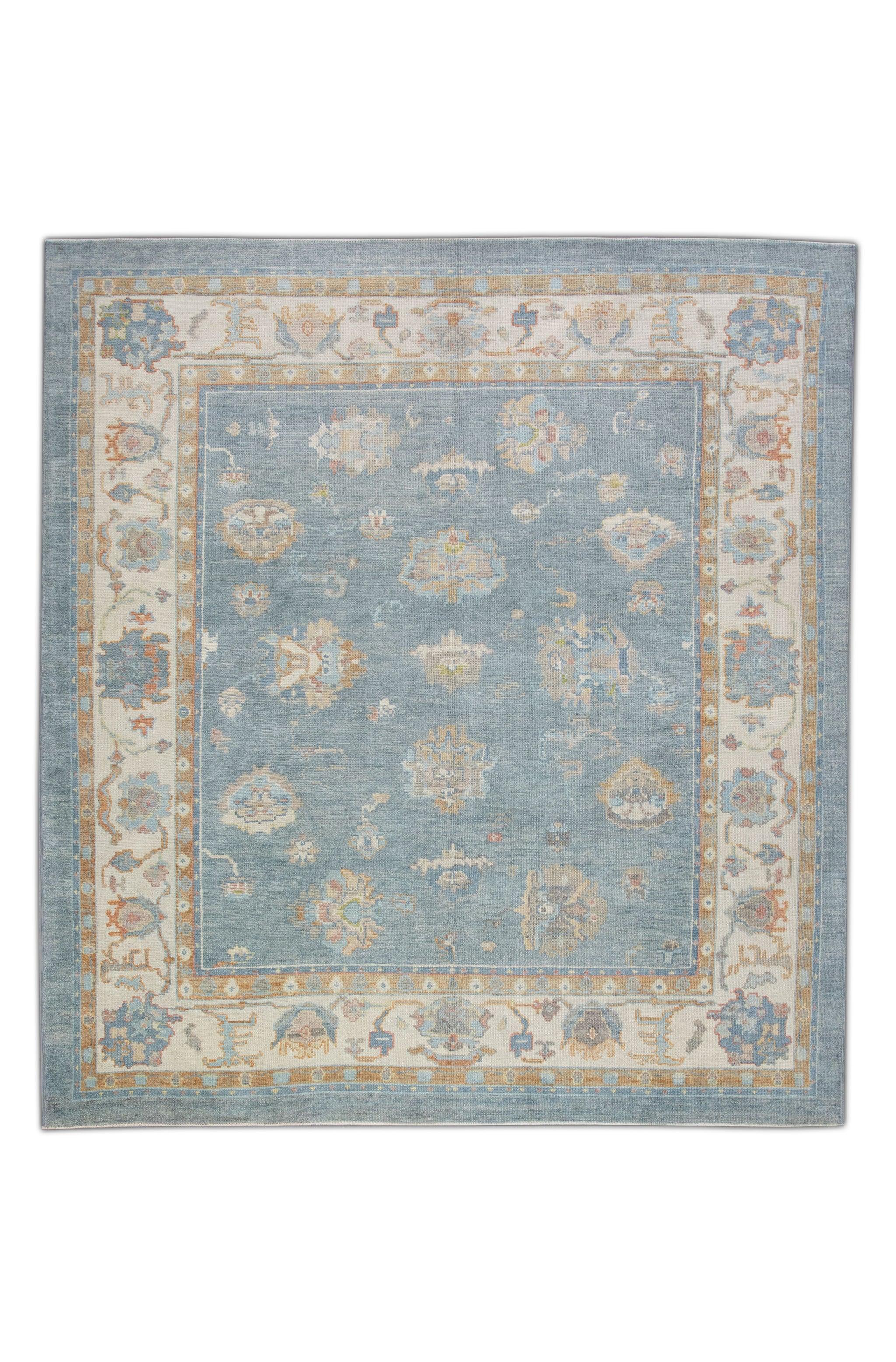 Blue Floral Design Turkish Oushak Rug Made with Handwoven Wool 9'4