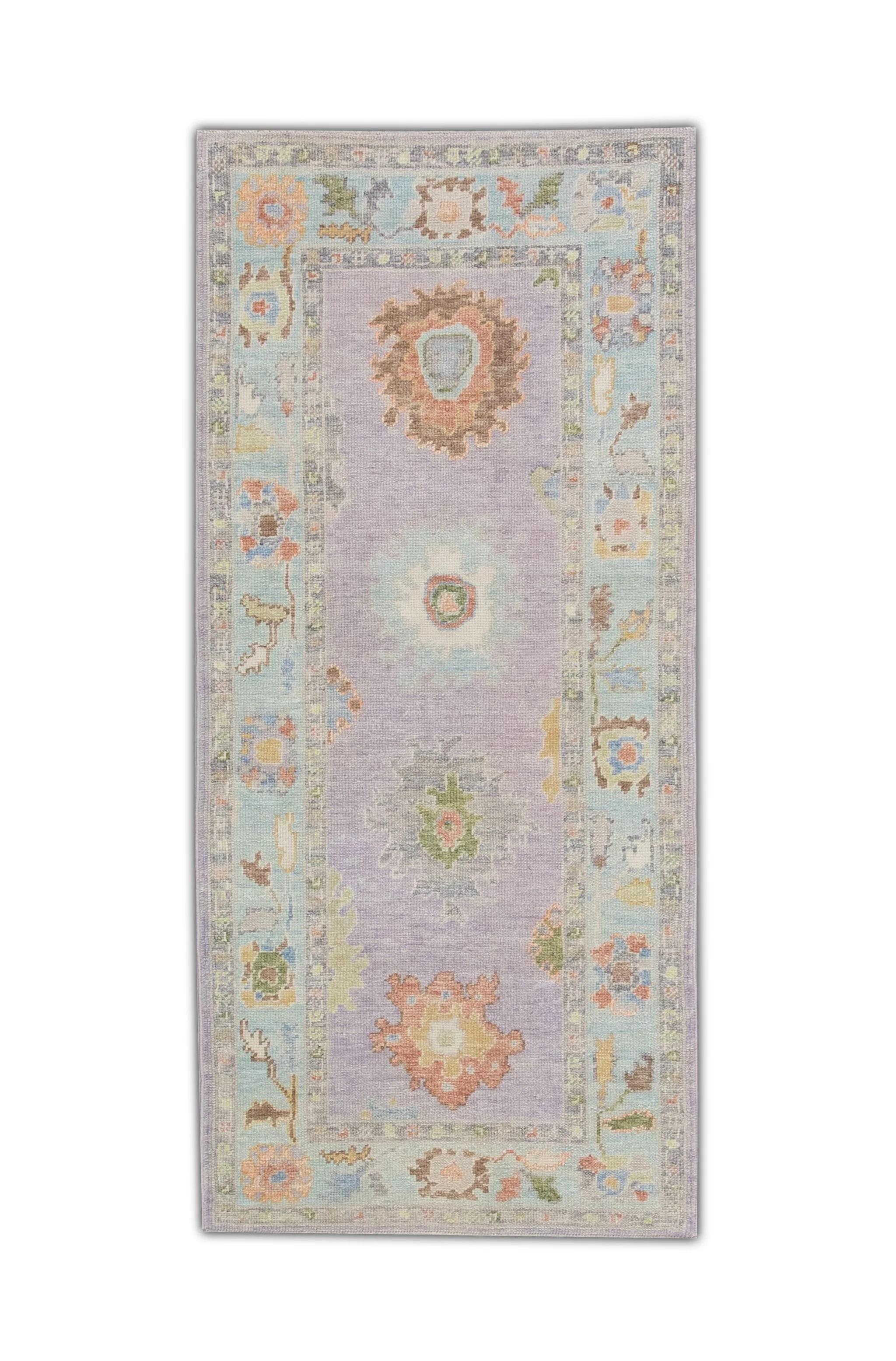 Handwoven Wool Turkish Oushak Rug with Lilac Floral Design 3'1