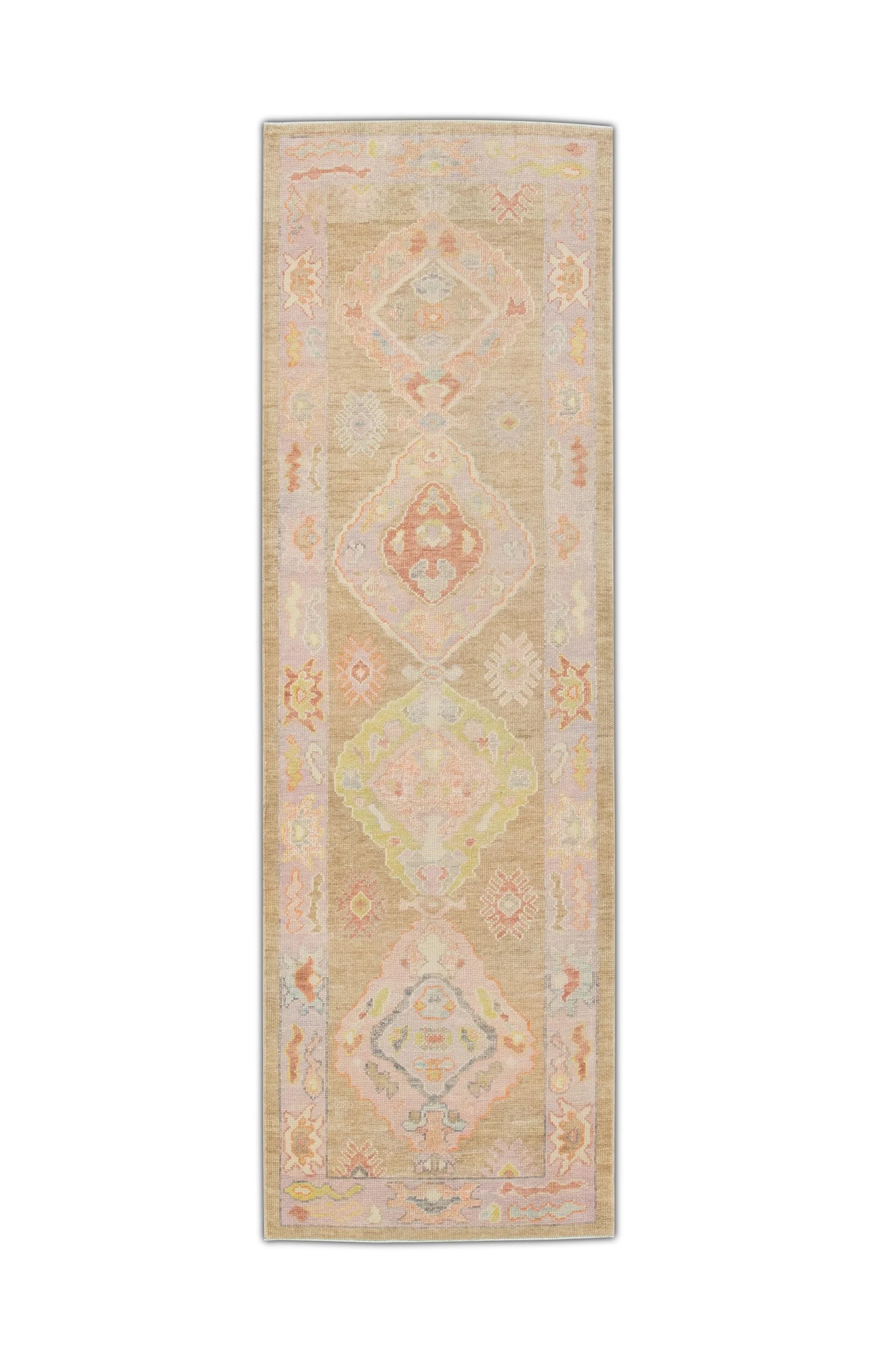 Colorful Handwoven Wool Turkish Oushak Rug with Pink Floral Design 3' x 9'6