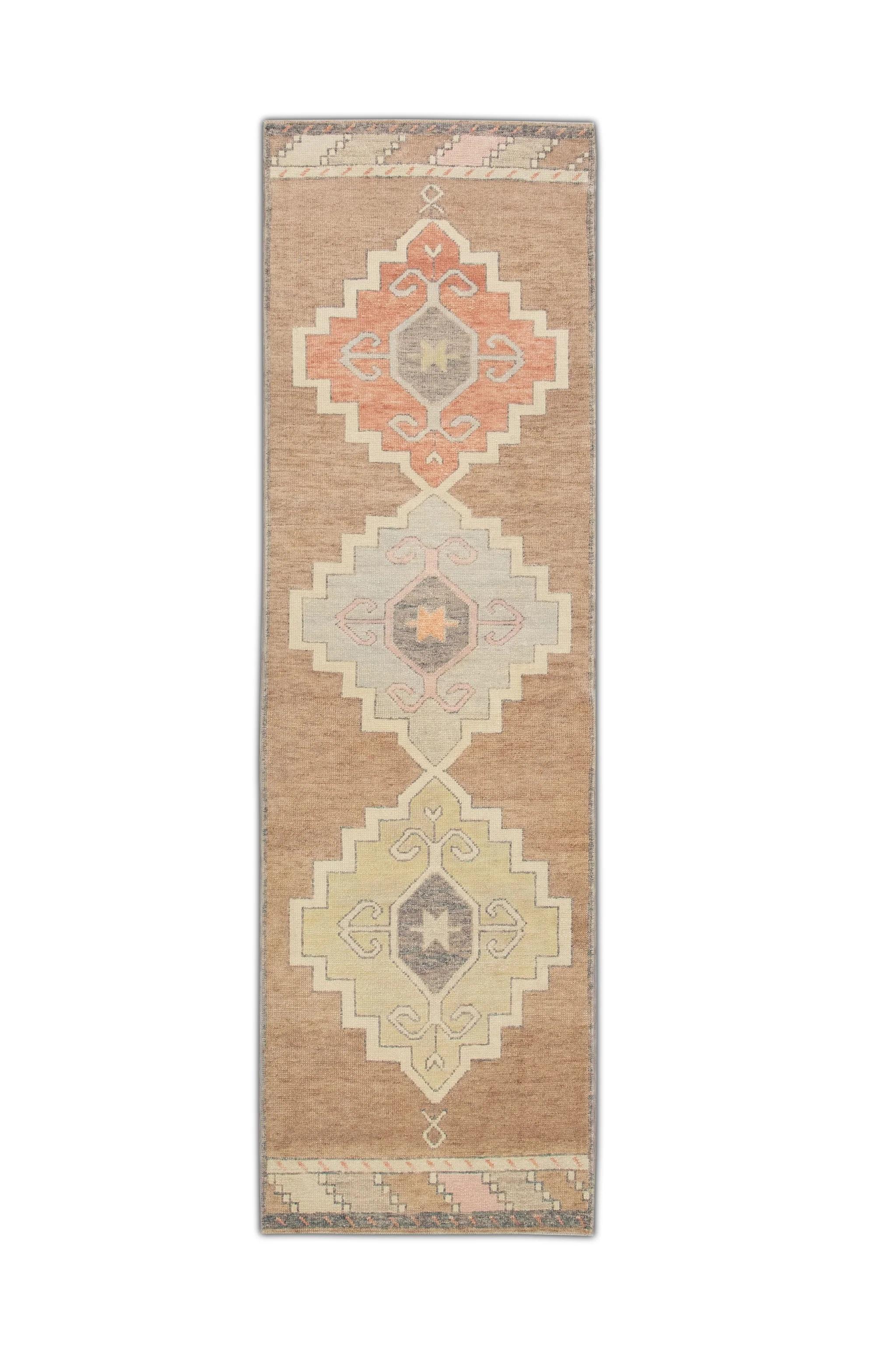 Orange Handwoven Wool Turkish Oushak Rug with Colorful Medallion Design 3' X 10' For Sale 5