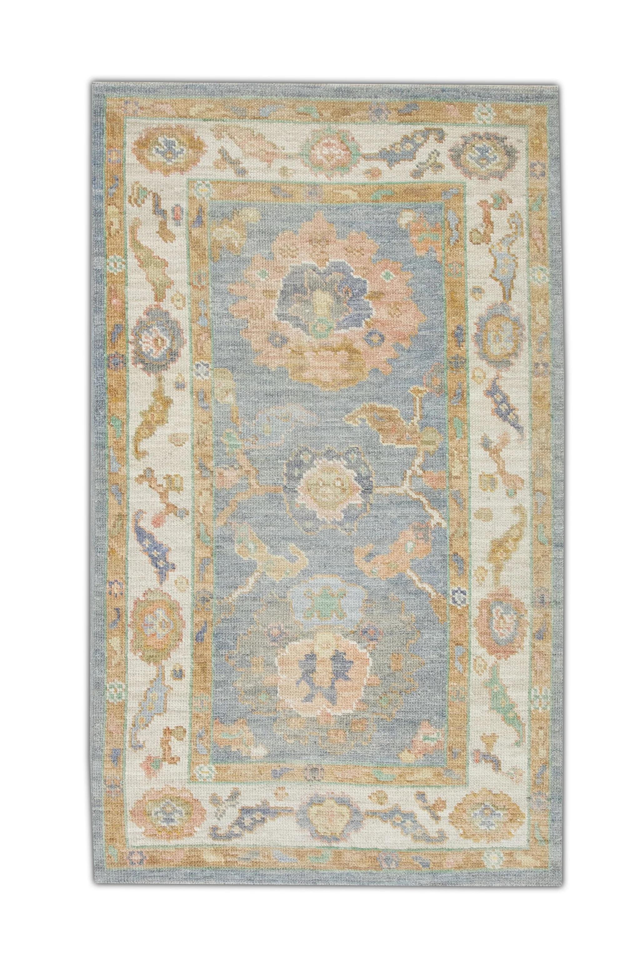 Floral Handwoven Wool Turkish Oushak Rug with Blue Field Yellow Border 2'11 X 5' For Sale 5