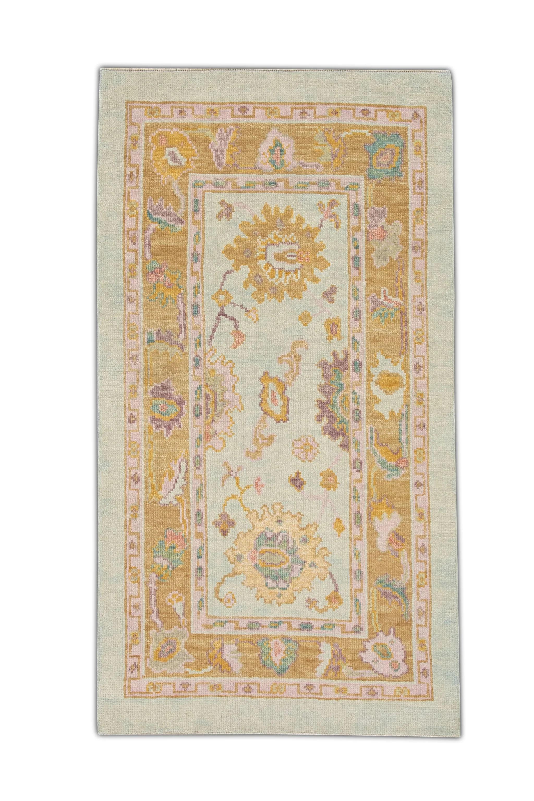 Handwoven Turkish Oushak Rug with Colorful Floral Design 2'10