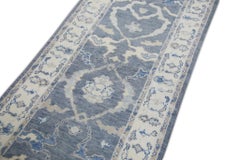 Blue Handwoven Wool Turkish Oushak Rug in Pink Floral Design 2'11" x 9'2"