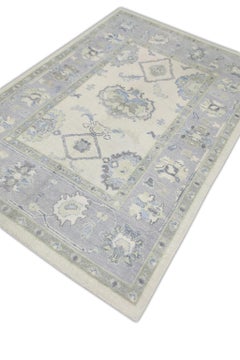 Blue and Green Floral Handwoven Wool Turkish Oushak Rug 4'10" x 7'