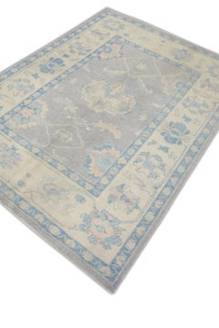 Purple and Blue Floral Handwoven Wool Turkish Oushak Rug 5'3" x 6'11"