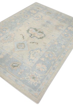 Blue and Pink Floral Handwoven Wool Turkish Oushak Rug 5'1" x 7'2"