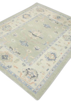 Celadon Green Handwoven Wool Turkish Oushak Rug in Floral Design 5'1" x 6'4"