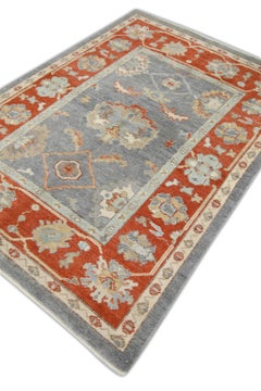 Red and Blue Floral Handwoven Wool Turkish Oushak Rug 4'10" x 6'11"