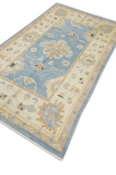 Blue and Orange Handwoven Wool Floral Turkish Oushak Rug 4'8" x 8'1"