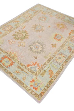 Alfombra Oushak Turca de Lana Tejida a Mano en Diseño Floral Naranja y Azul 5'1 "x6'7" Rosa