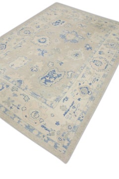 Blue Floral Handwoven Wool Turkish Oushak Rug 6'1" x 8'9"